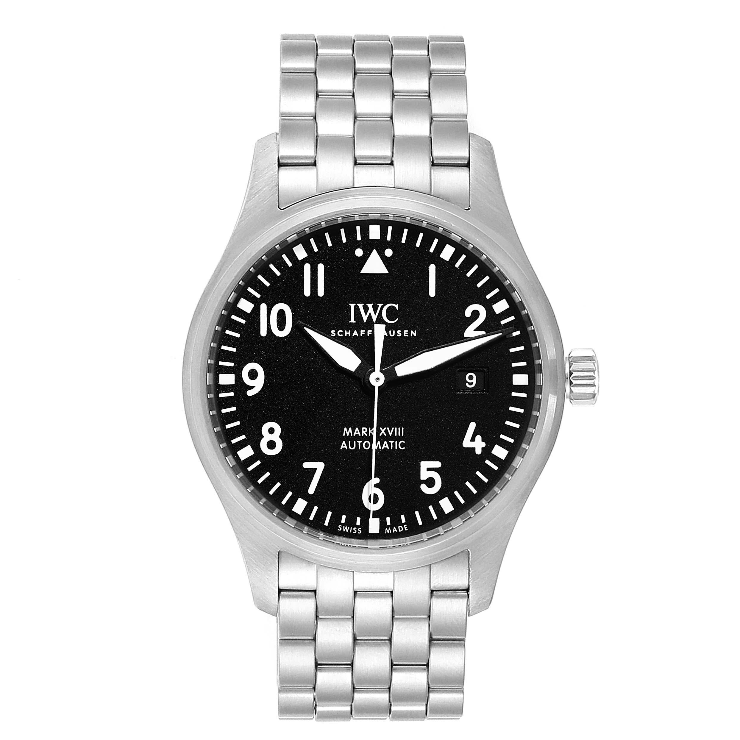 IWC Pilot Mark XVIII Black Dial Steel Mens Watch IW327011 Card. Automatic self-winding movement with 42 hour power reserve. Stainless steel case 40 mm in diameter. Stainless steel bezel. Scratch resistant sapphire crystal. Black dial with luminous