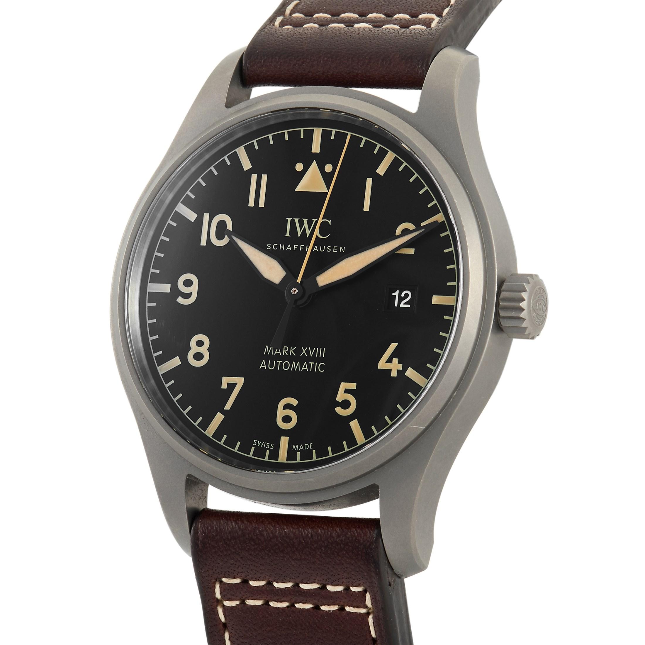The IWC Pilot Mark XVIII Heritage Titanium Watch 327006 was released in 2017 and features a wearable 40mm case in titanium. It bears a self-winding movement, Caliber 35111, with 42-hour power reserve. The watch features a solid case back, a brown