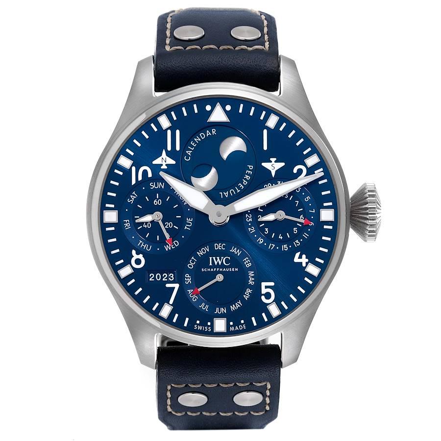 IWC Pilot Perpetual Calendar Blue Dial Steel Mens Watch IW503605 Box Card. Automatic self-winding movement. IWC Caliber 51615, 54 Jewels. Stainless steel case 46.2 mm in diameter. Transparent exhibition sapphire crystal case back. . Scratch