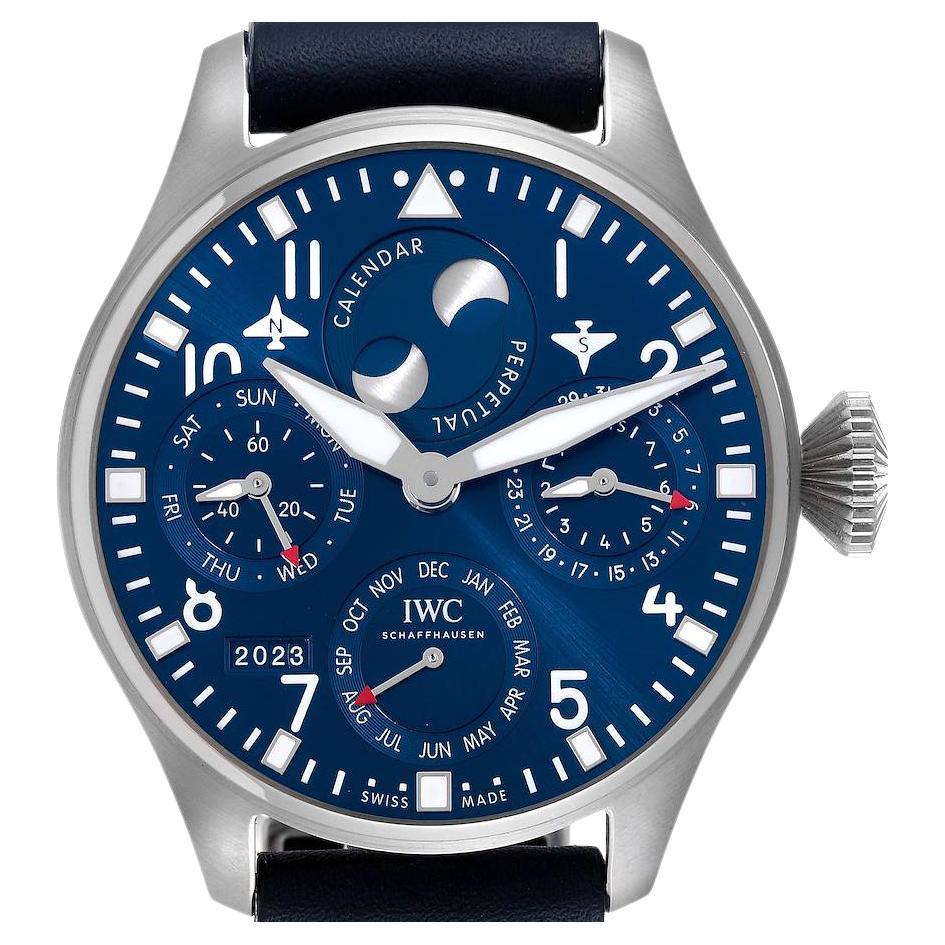 Montre pour homme IWC Pilot Perpetual Calendar à cadran bleu en acier avec carte boîte IW503605 en vente