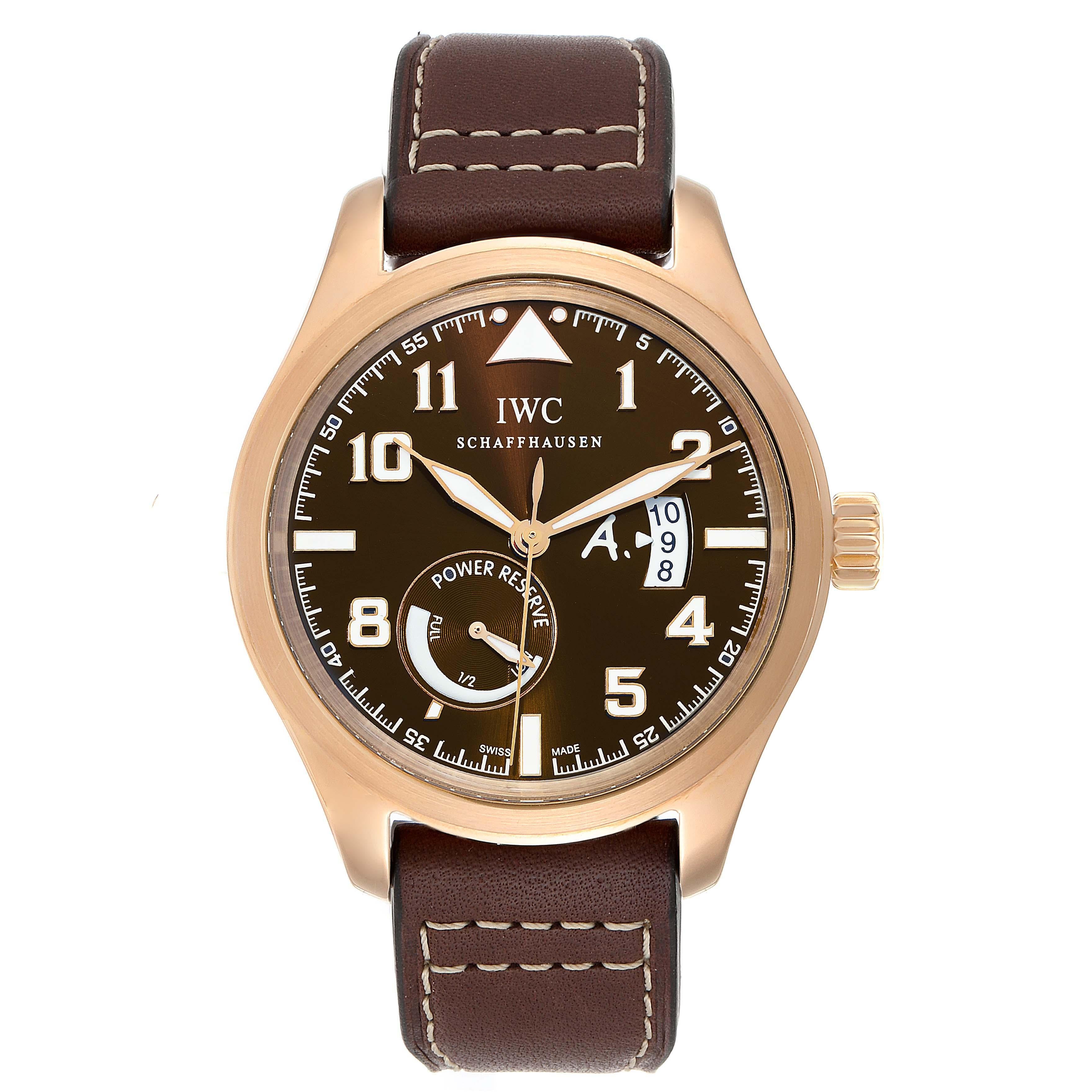 IWC Pilot Saint Exupery Rose Gold Limited Edition Watch IW320103 Card. Automatic self-winding movement. 18K rose gold case 44.0 mm in diameter. Downturned lugs. Screw-down solid case back with the engraved map of St. Exupery's pioneering airmail