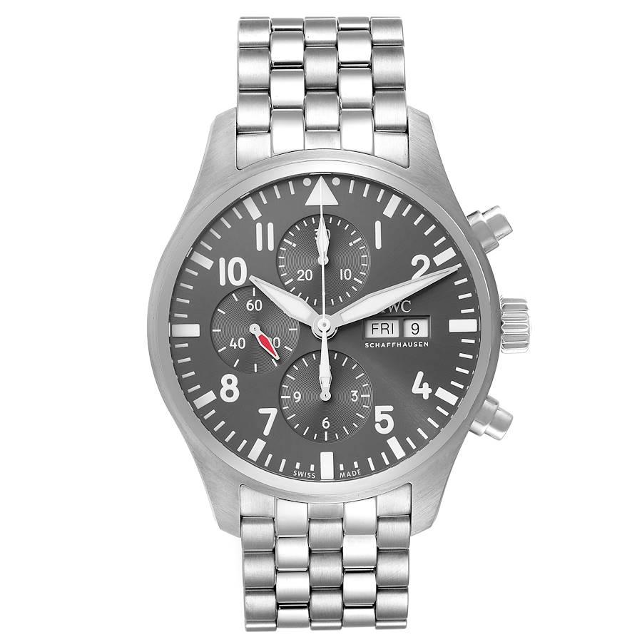 IWC Pilot Spitfire Automatic Chronograph Steel 43mm Mens Watch IW377719 Box Card. Automatic self-winding chronograph movement. Stainless steel case 43.0mm in diameter. . Scratch resistant sapphire crystal. Slate grey dial with luminous arabic