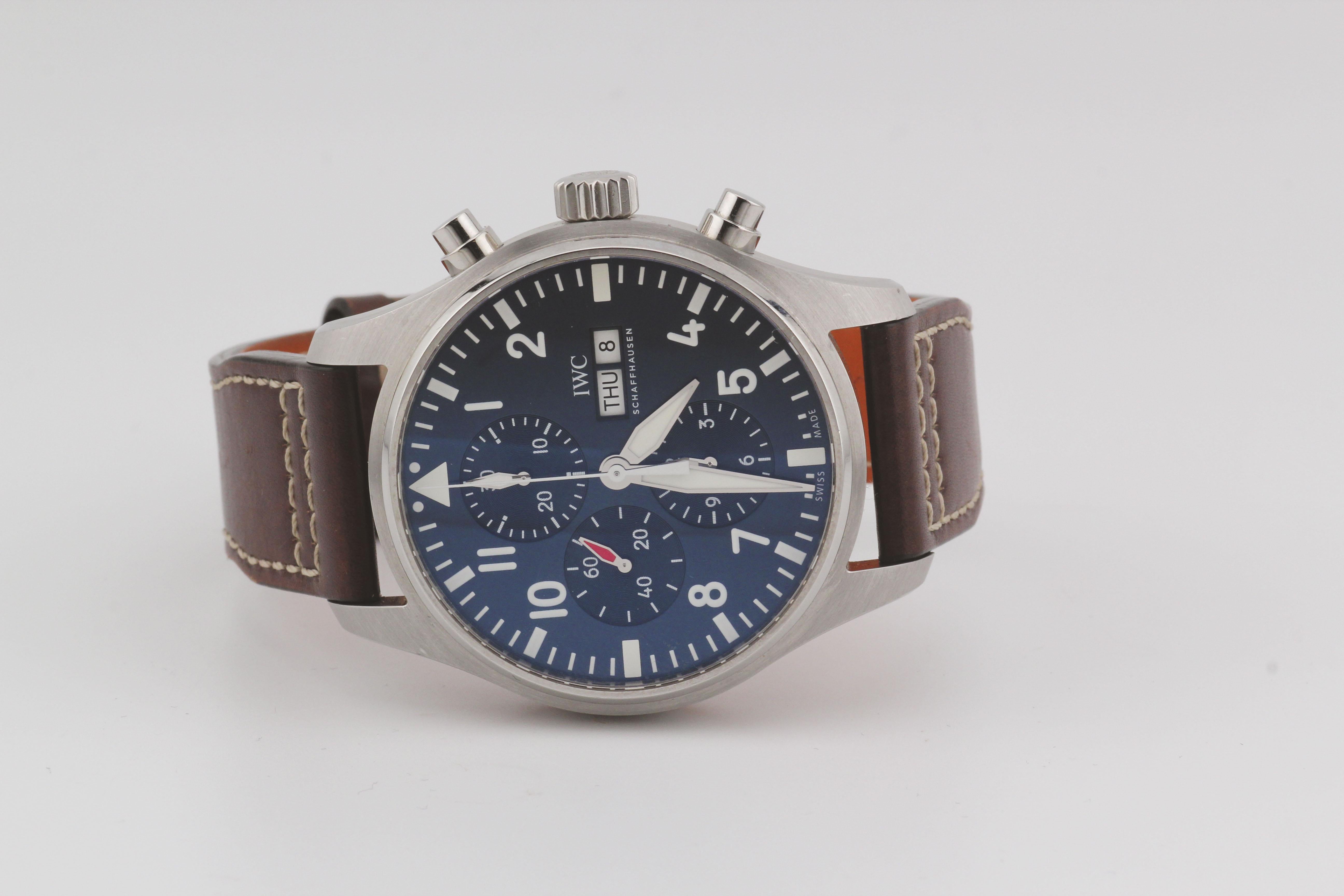 IWC Pilot Steel Chronograph Le Petit Prince Blue Dial 43mm B&P IW377714 Watch In Good Condition In Simpsonville, SC