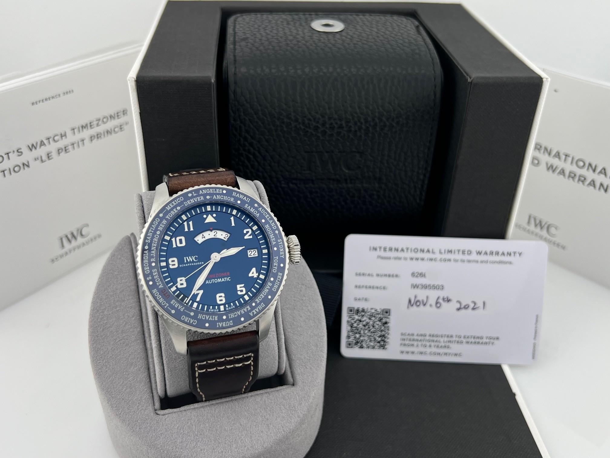 IWC Pilot Timezoner Le Petit Prince IW395503 46mm Cadran Bleu Acier Boîte Papier en vente 5