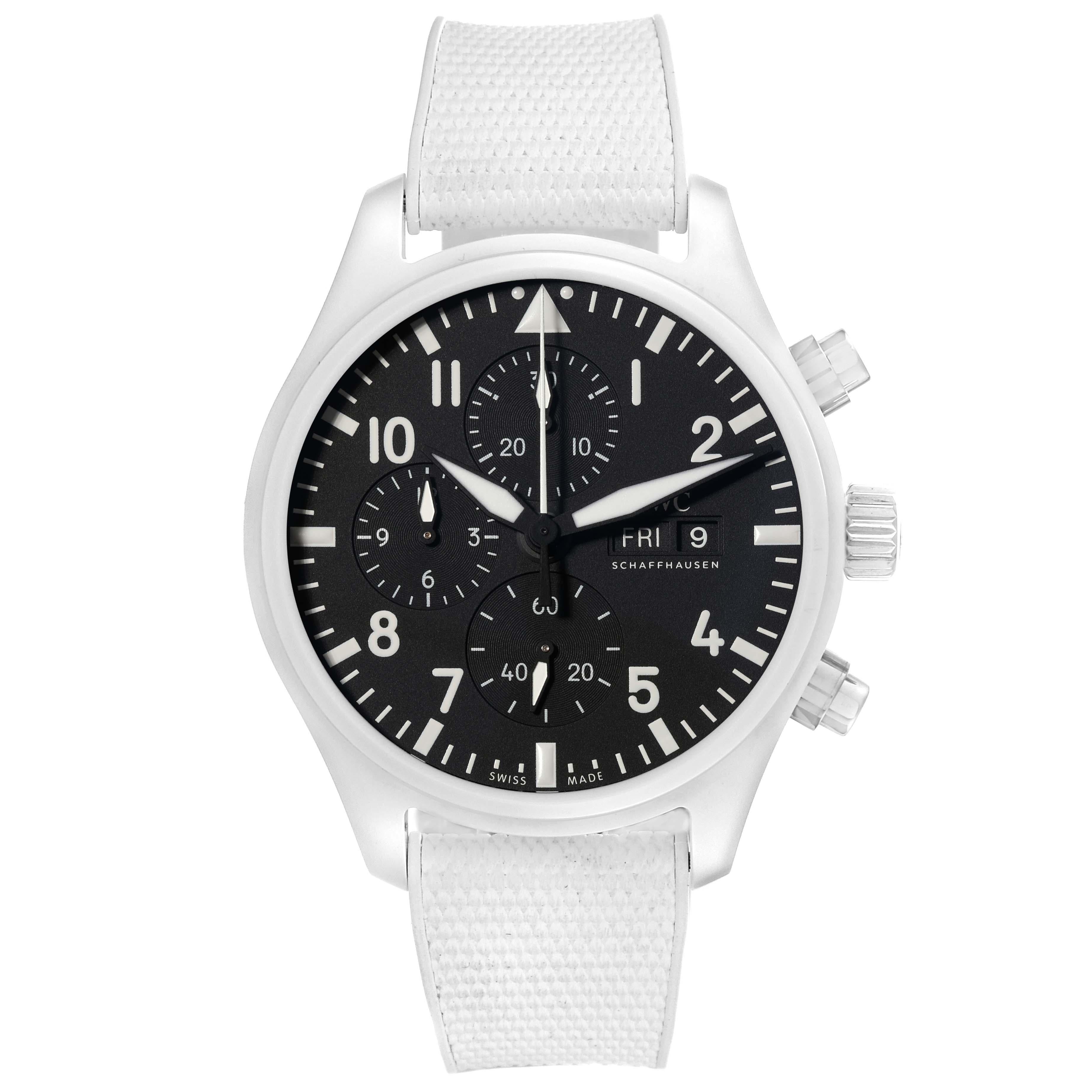 IWC Pilot Top Gun Chronograph Ceramic Mens Watch IW389105. Automatic self-winding chronograph movement. White ceramic case case 44.5 mm in diameter. Screw in crown. Soft-iron inner case for protection against magnetic fields. . Scratch resistant