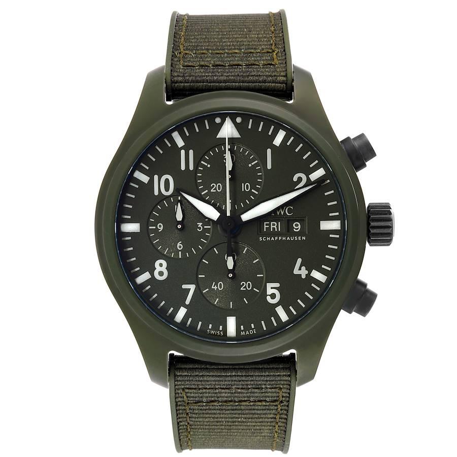 IWC Pilot Top Gun Chronograph Green Dial Mens Watch IW389106 Unworn. Automatic self-winding chronograph movement. Green ceramic case case 44.5 mm in diameter. Screw in crown. Soft-iron inner case for protection against magnetic fields. . Scratch