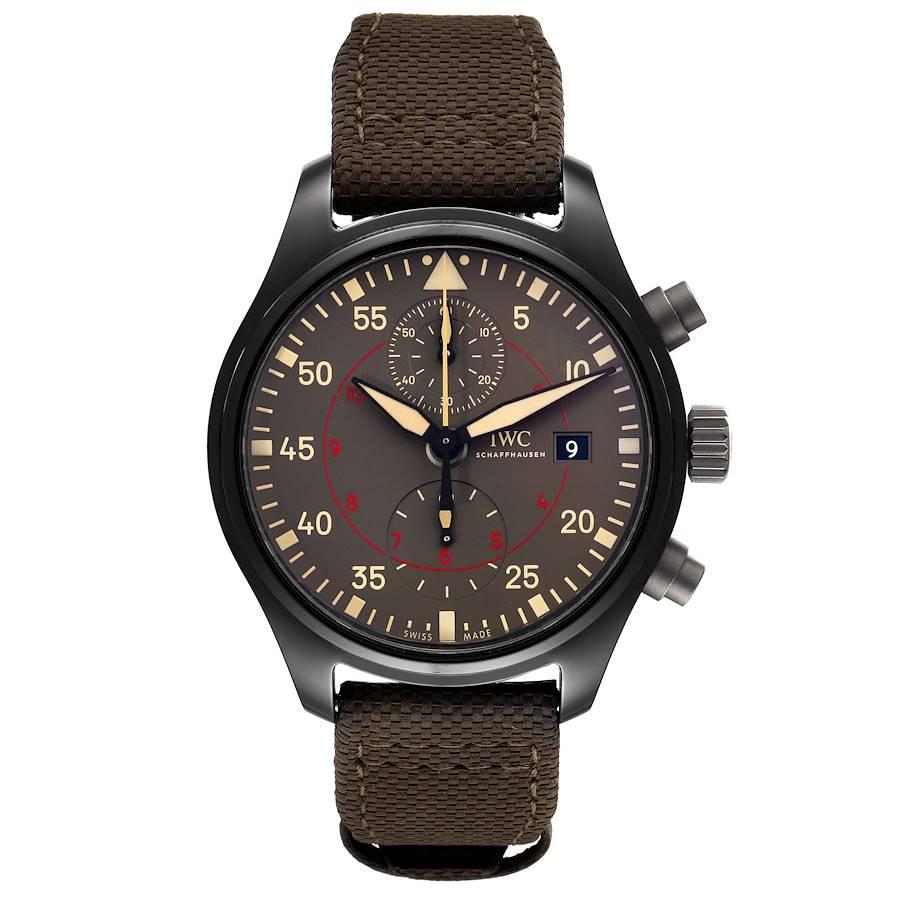IWC Pilot Top Gun Miramar Grey Dial Ceramic Mens Watch IW389002. Automatic self-winding chronograph movement. IWC calibre 89361. Flyback function. Black ceramic case 44.0 mm in diameter. Titanium case back with the TOP GUN insignia, crown and