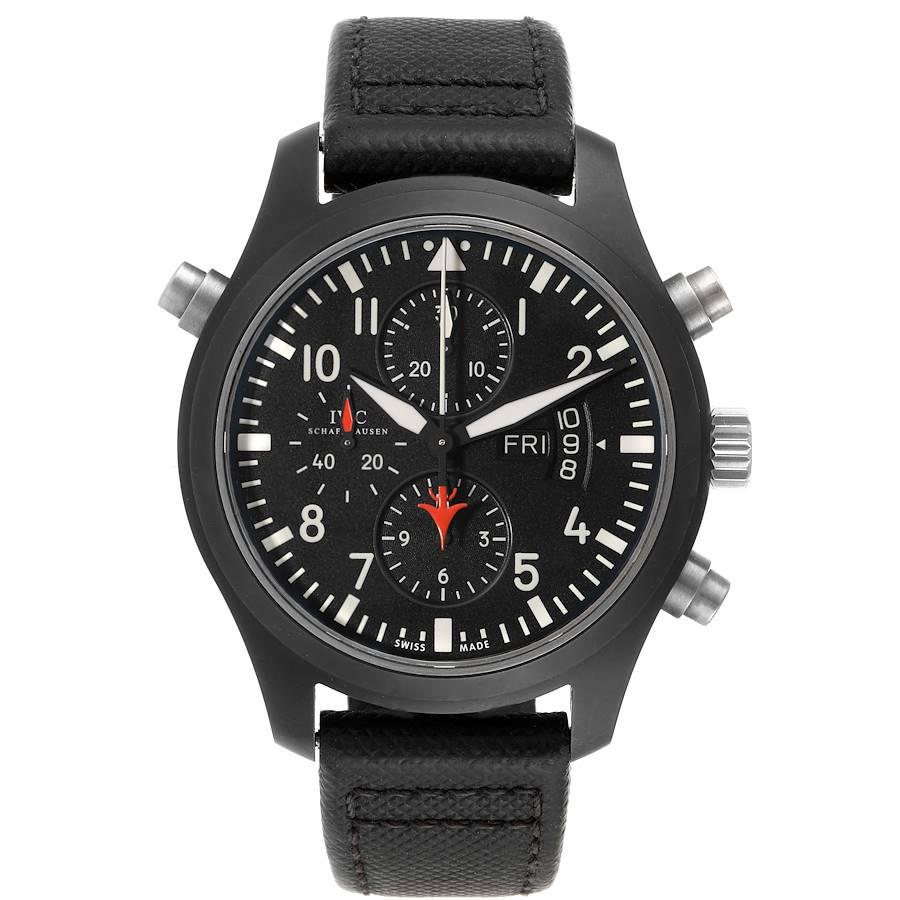 IWC Pilot Top Gun Rattrapante Chrono Mens Ceramic Watch IW379901 Box Card. Automatic self-winding chronograph movement. Black ceramic case case 46 mm in diameter. Split seconds chronograph mechanism operated by three round buttons in the band, screw