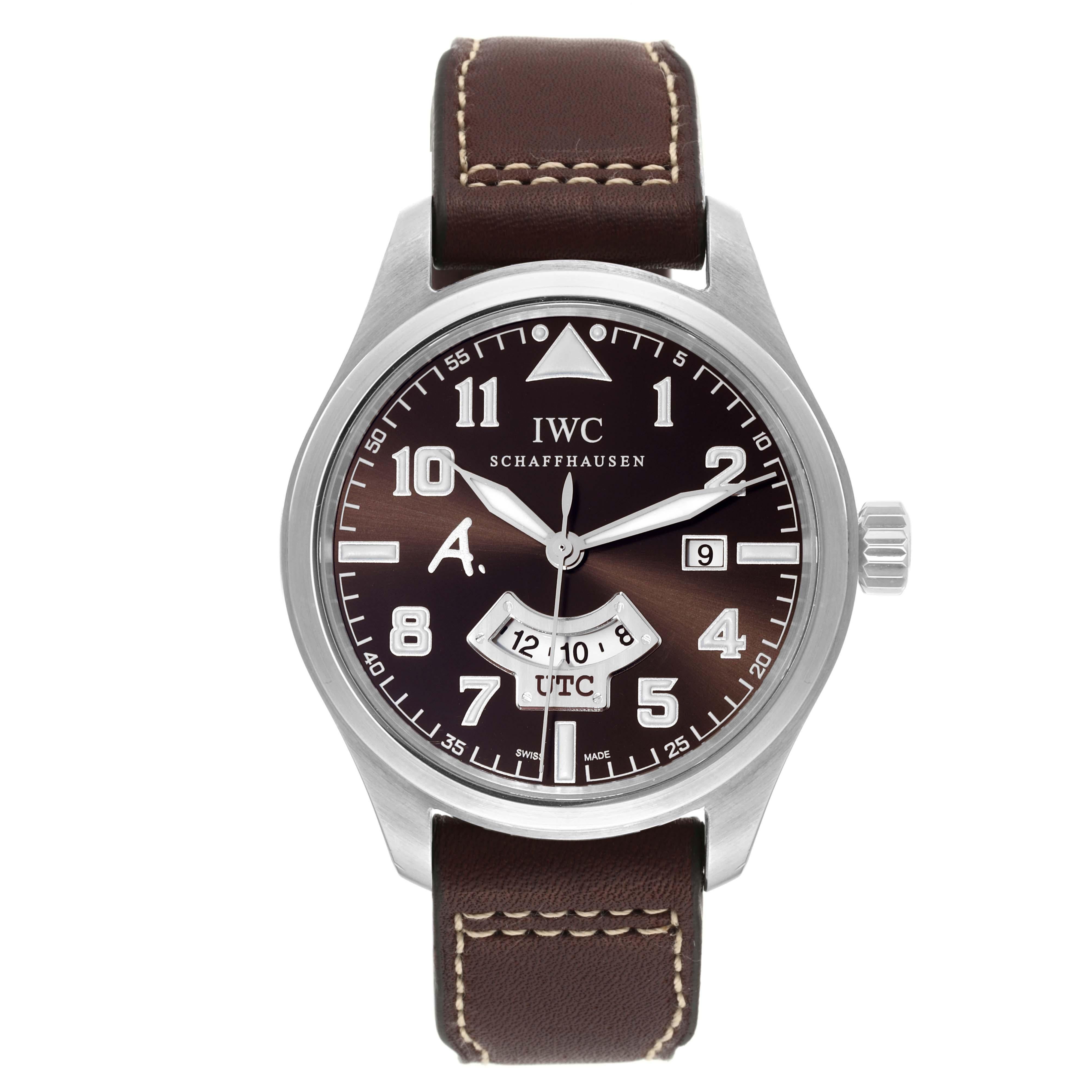 IWC Pilot UTC Antoine de Saint Exupery Limited Edition Steel Mens Watch IW326104 Box Card. Automatic self-winding movement. Stainless steel case 44.0 mm in diameter. Stainless steel bezel. Scratch resistant sapphire crystal. Brown dial with