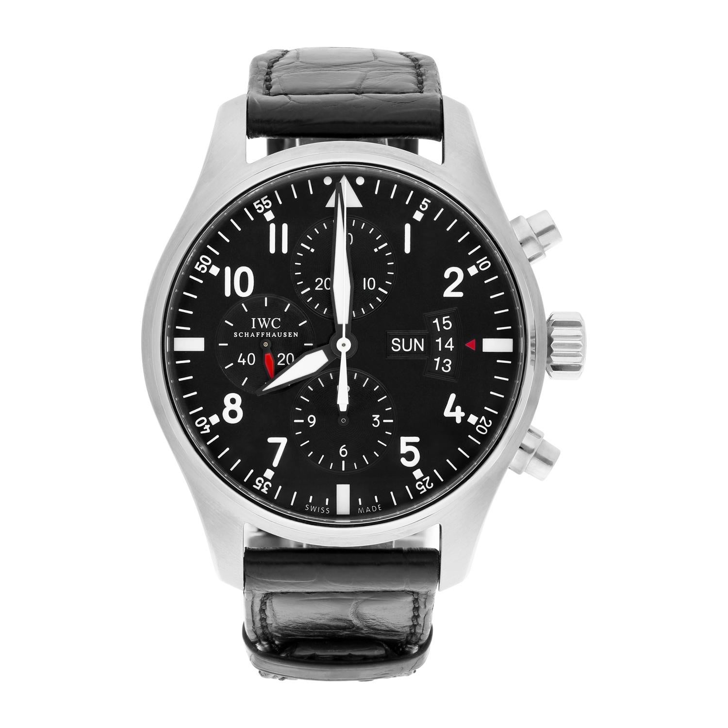 This IWC Pilot watch (reference number IW377701) features a sleek silver case and black leather strap with a black dial. The watch has a round shape with a case size of approximately 43mm (1.7 inches) and a lug width of 21mm (0.8 inch). It has an