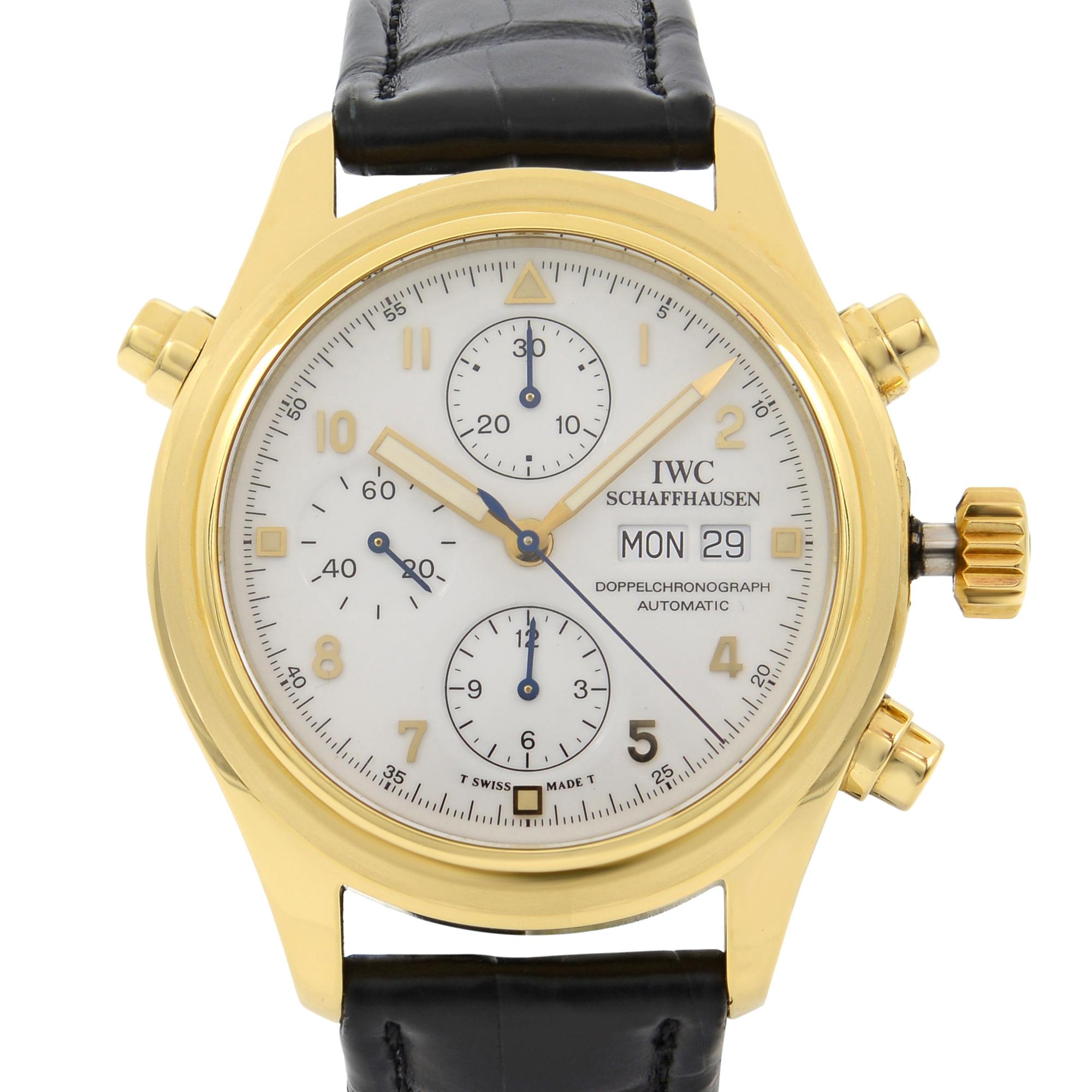 This pre-owned IWC Pilot's IW3711-11  is a beautiful men's timepiece that is powered by mechanical (automatic) movement which is cased in a yellow gold case. It has a round shape face, annual calendar, chronograph, date indicator, small seconds