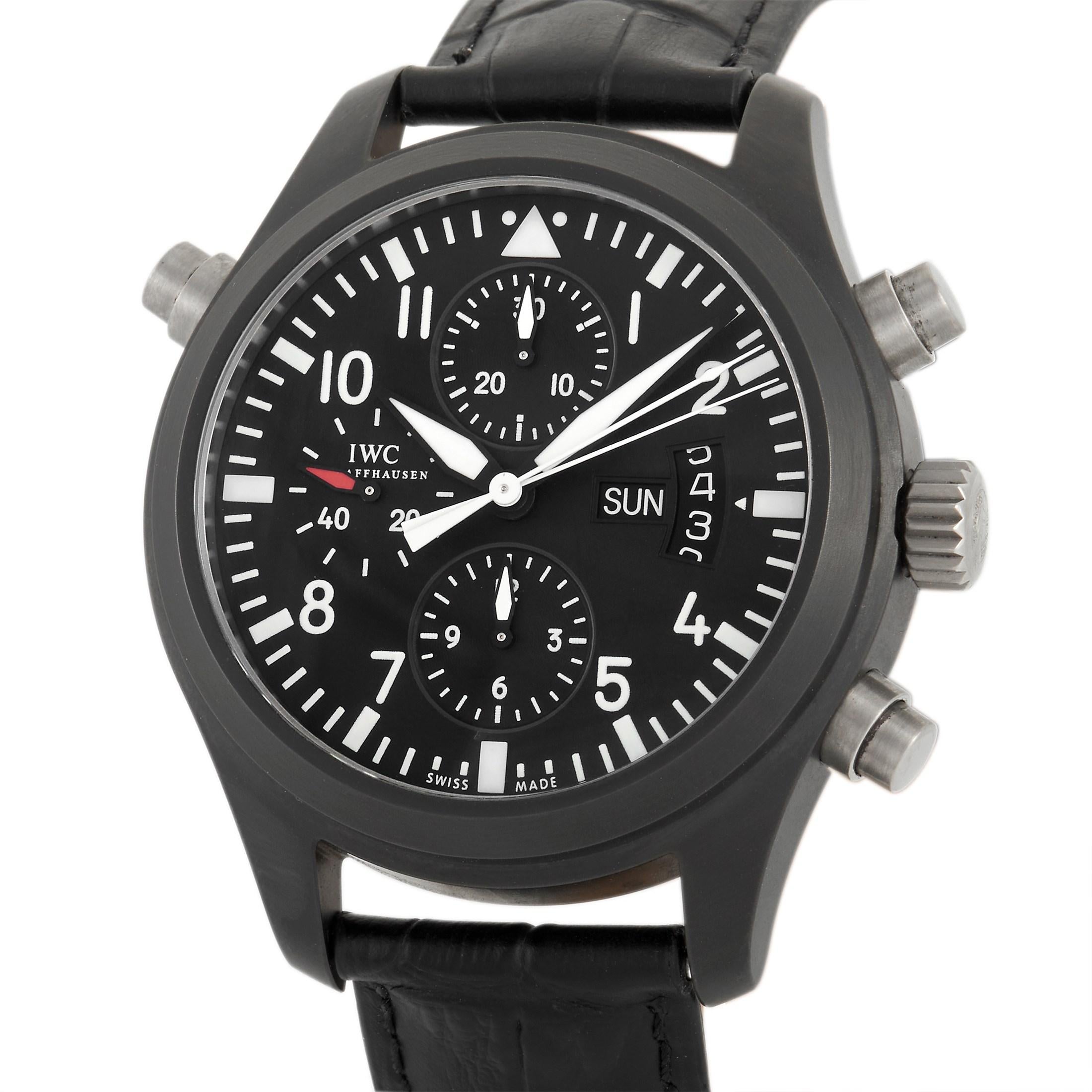 The IWC Pilot's Double Chronograph, reference number IW378601, possesses the power and energy you have come to expect from the iconic luxury brand.

An all-black 44mm case crafted from ceramic pairs beautifully with the black crocodile band. White