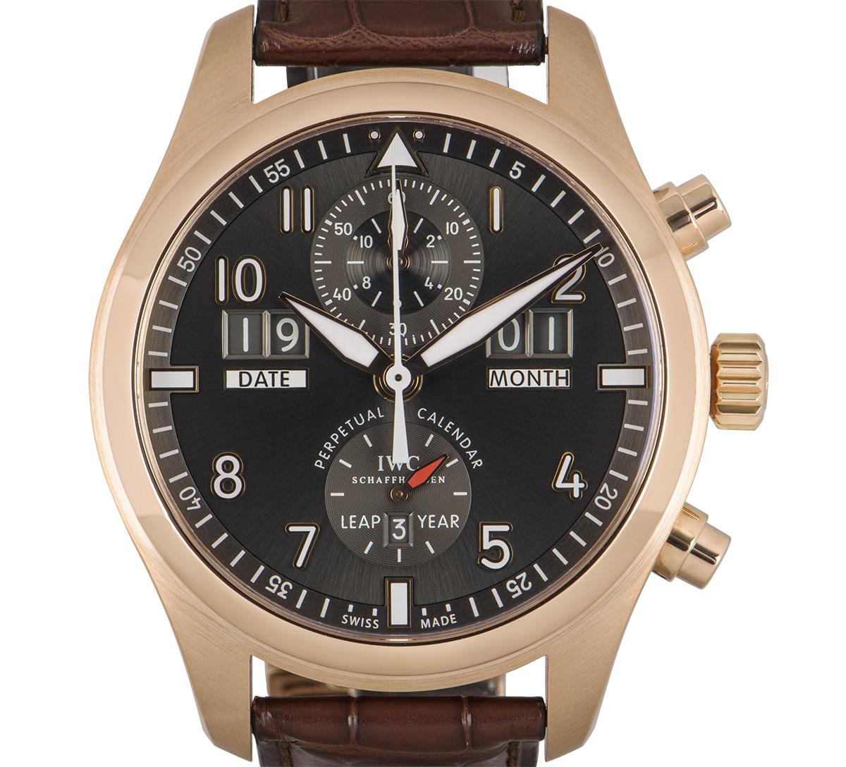 A 46 mm Pilot's Spitfire Perpetual Calendar in rose gold originally released by IWC in 2013. The slate-coloured dial concealed by a sapphire glass features date, month and leap year displays as well as hour and minute counters. Fitted with the IWC