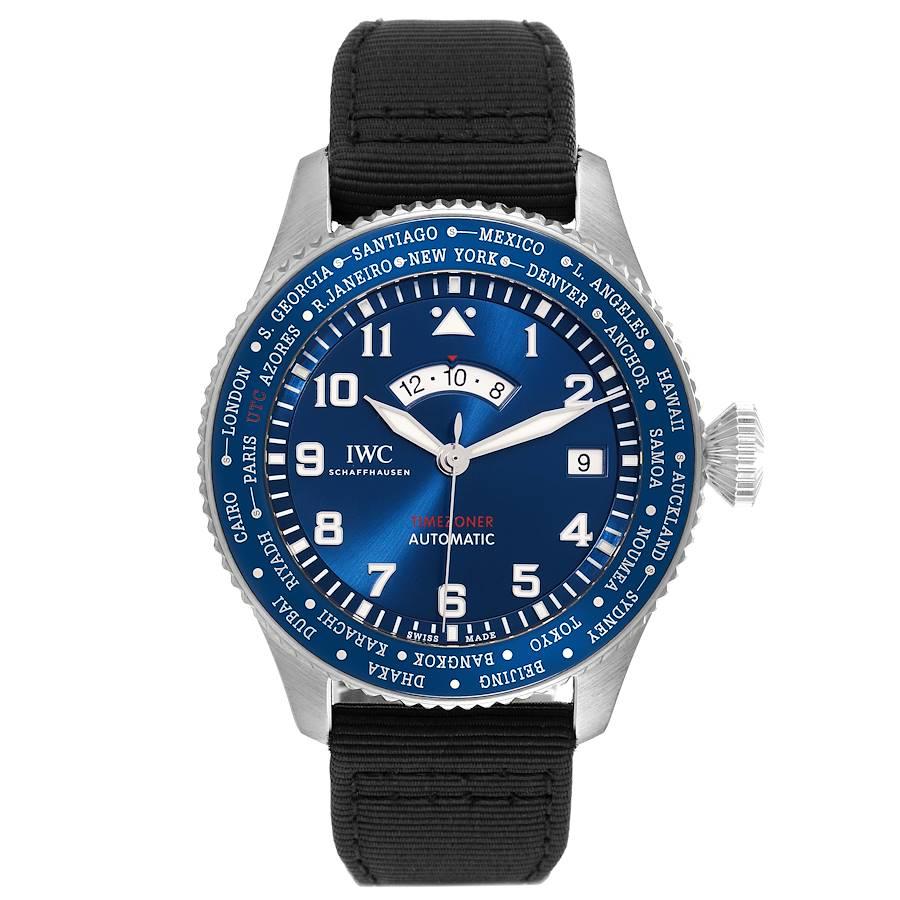 IWC Pilots Timezoner Le Petit Prince Steel Mens Watch IW395503 Box Card. Automatic self-winding movement. Stainless steel case 46.0 mm in diameter. Exhibition Transparent sapphire crystal case back. Stainless steel blue bidirectional rotating bezel