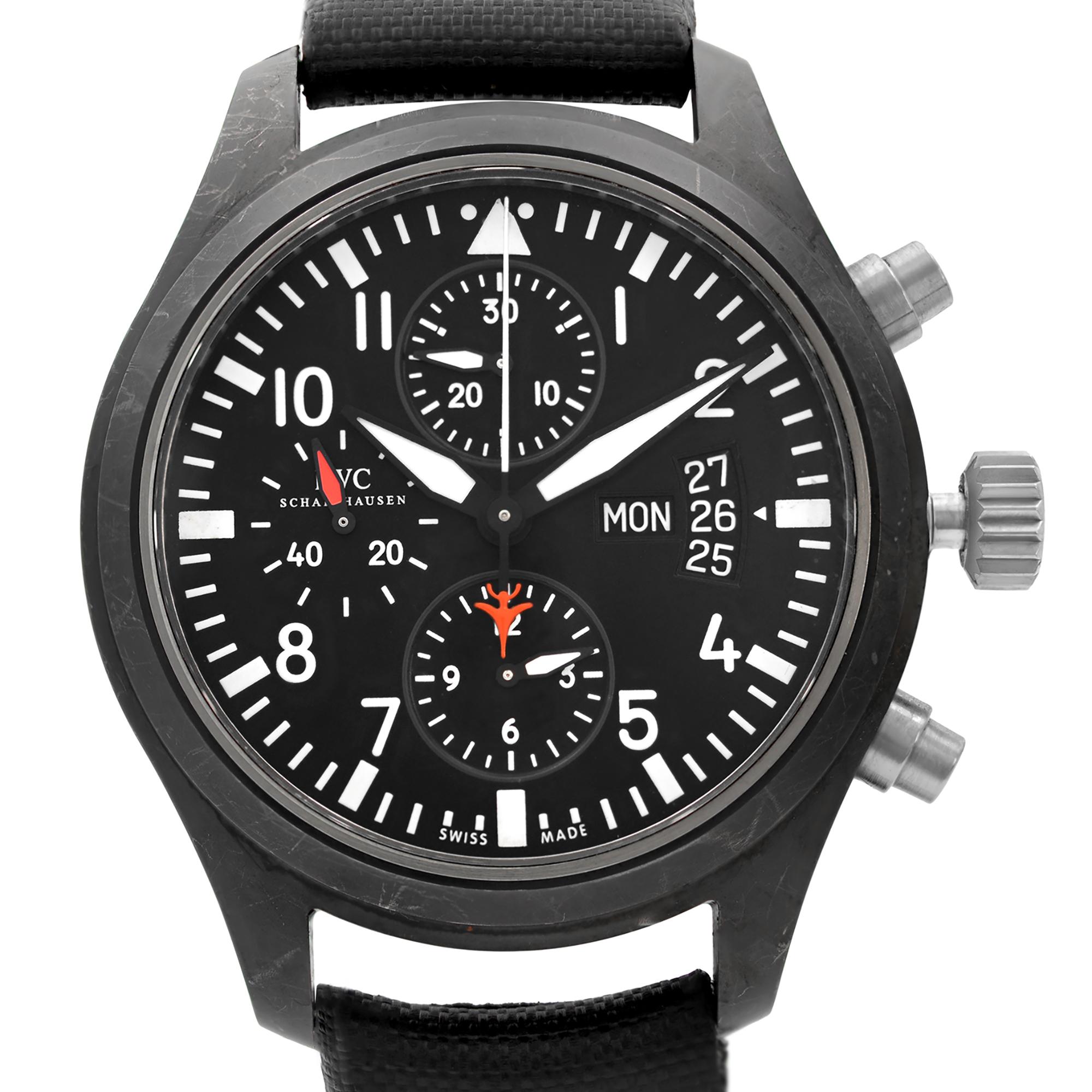 Pre-owned IWC Pilots Top Gun 44mm Titanium Black Dial Automatic Men's Watch. The band is unworn. The Watch Case and Bezel Show Heavy Wear Signs and Signs as Seen in the Pictures. Original Box and Papers are Included. Covered by 1-year Chronostore