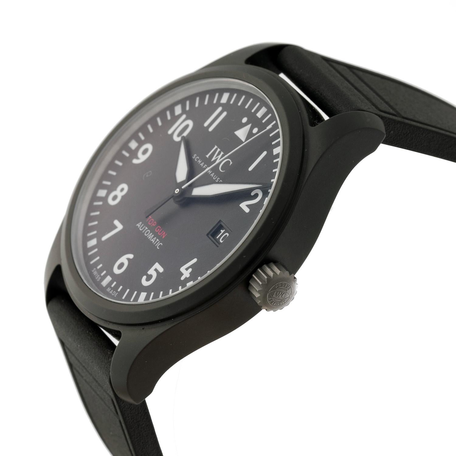 Pre-owned IWC Pilot's Watch Automatic TOP GUN wristwatch (ref. IW326906), featuring a self-winding automatic movement; black dial with Arabic numeral hour markers; date display at 3 o'clock; and 41mm, black ceramic case on a black textile strap