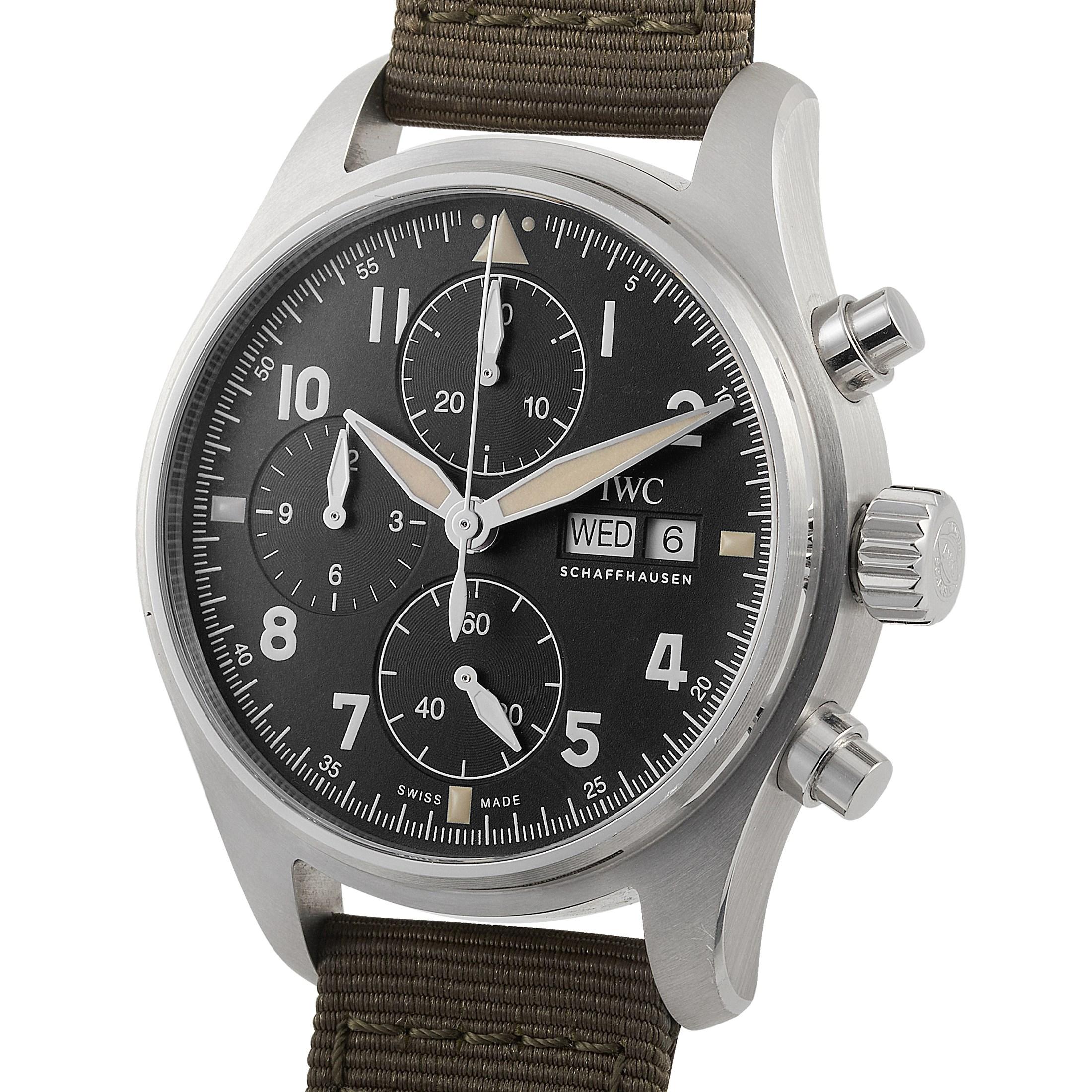 This IWC Pilot's Watch Chronograph Spitfire 41 mm Stainless Steel Watch, reference number 3879, features a stainless steel case measuring 41 mm in diameter and is presented on a green textile bracelet with tang clasp. This model is powered by 69380