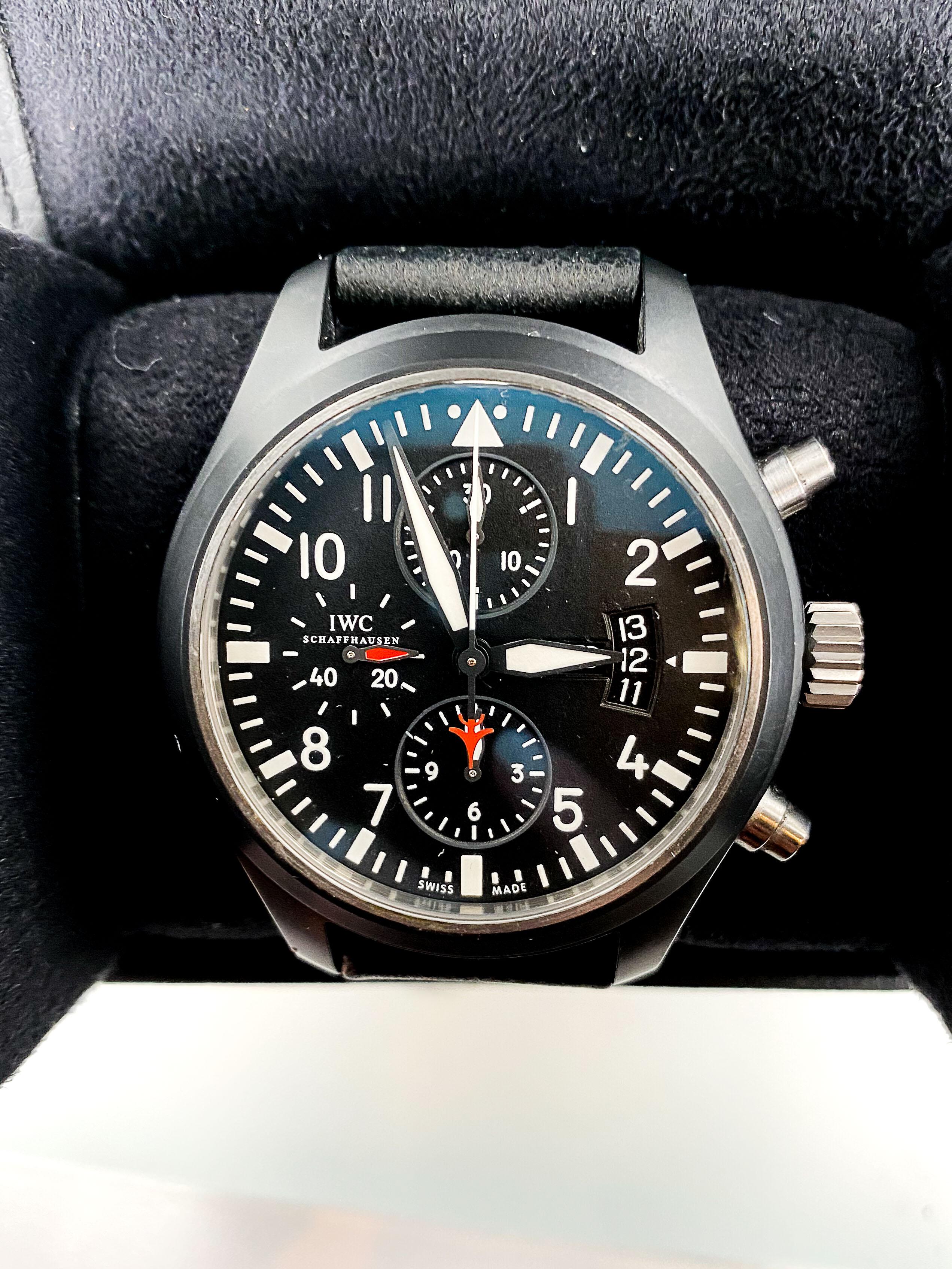 Premium Pre-owned IWC Pilot’s Top Gun Watch in the original box. 

Part Iceman and all Maverick, the IWC Pilot’s Watch Double Chronograph Edition Top Gun pays homage to the fearless pilots at the United States Navy Fighter Weapons School, who