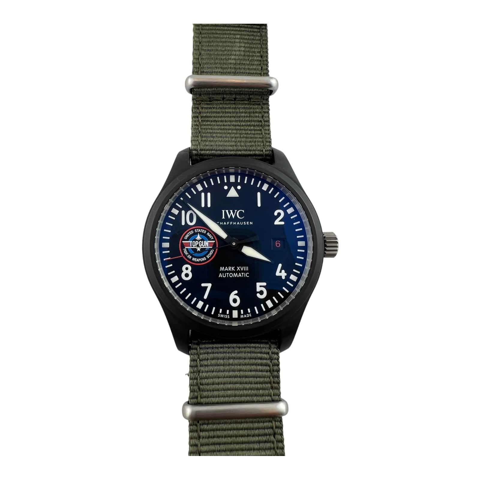 IWC Pilot's Watch Mark XVII Top Gun Watch

Model: IW324712
Serial: 6256624

This IWC watch has a ceramic case that is 41mm in diameter.

Green canvas IWC strap with steel buckle - 11