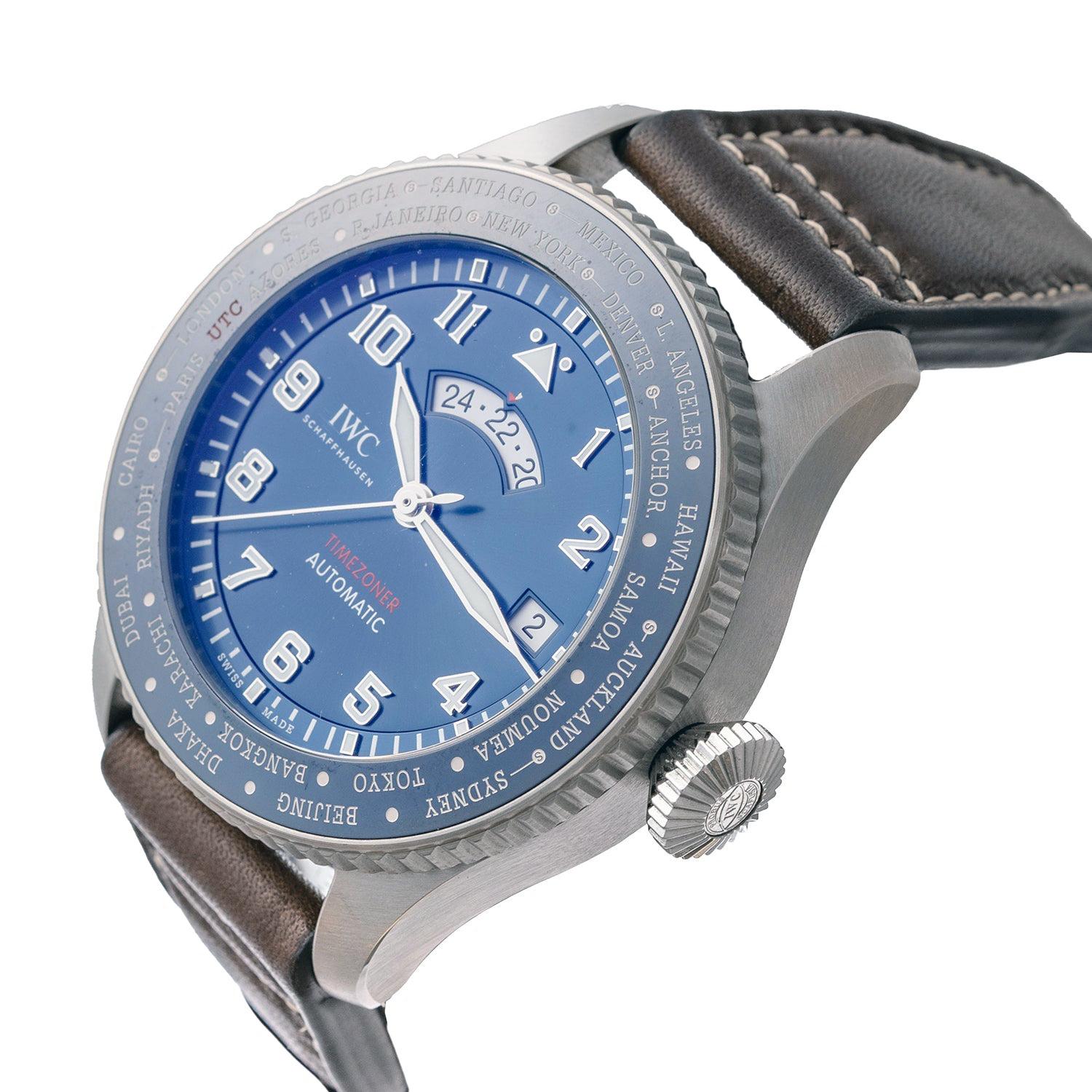 Pre-owned IWC Pilot’s Watch Timezoner “Le Petit Prince” (ref. IW395503), featuring a self-winding automatic movement; midnight blue dial with white Arabic numeral hour markers; timezoner function allowing the wearer to effortlessly change between