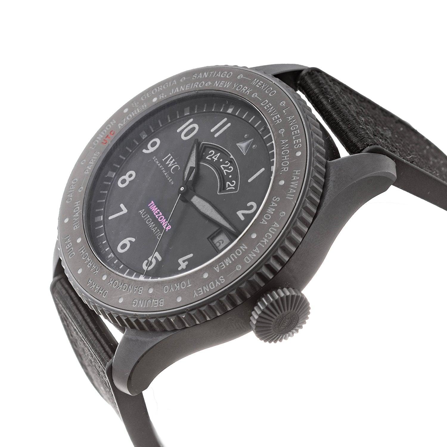 Pre-owned IWC Pilot's Watch Timezoner TOP GUN Ceratanium (ref. IW395505), featuring a self-winding automatic movement; black dial with luminescence; timezoner function allowing the wearer to effortlessly change between different timezones by simply