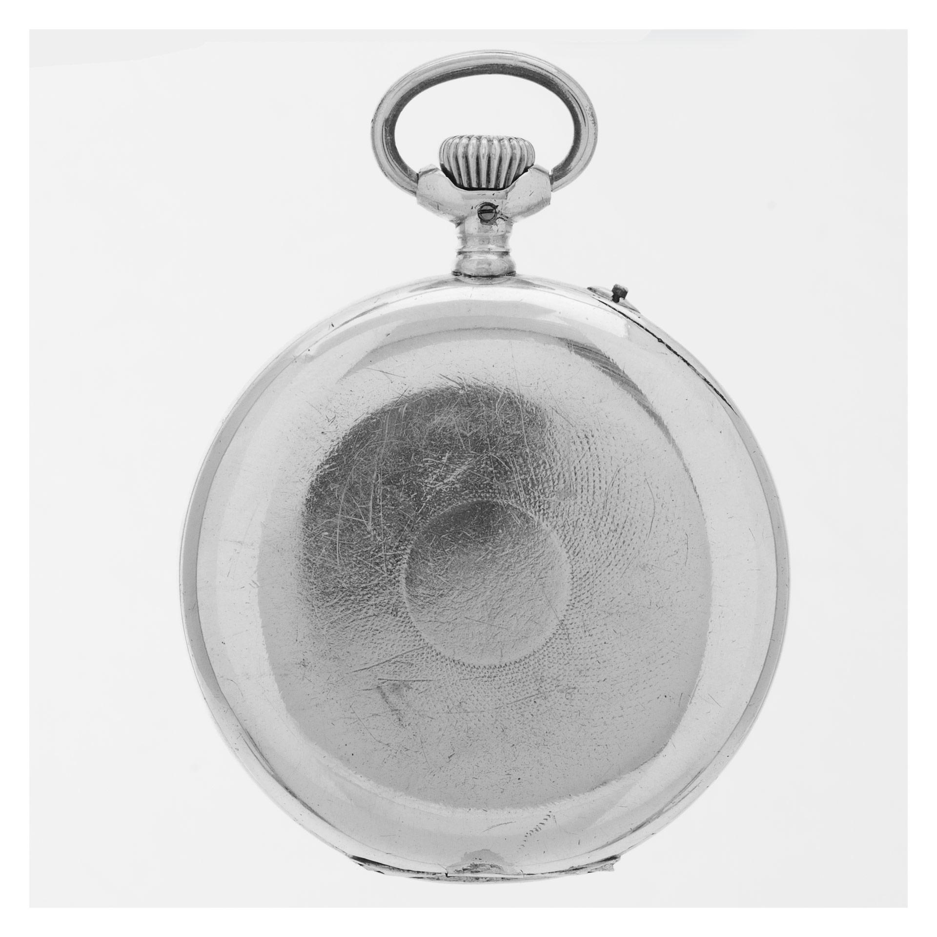 IWC open face pocket watch 15 jewels, white porcelain dial and heavy moon hands in silver.manual with sub-seconds. 53mm. Ref 761566. Circa 1890. Fine Pre-owned IWC Watch.

Certified preowned Vintage IWC pocket watch watch. This IWC watch has a 53 x