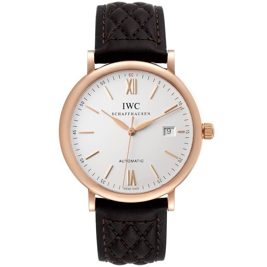 IWC Portofino 18k Rose Gold Automatic 40 mm Silver Dial Brown Strap Mens Watch IW356504 Box Papers. IWC in house automatic self-winding movement with hacking seconds. 40 mm 18k rose gold case. Crown with IWC logo. Case back has hand engraved picture