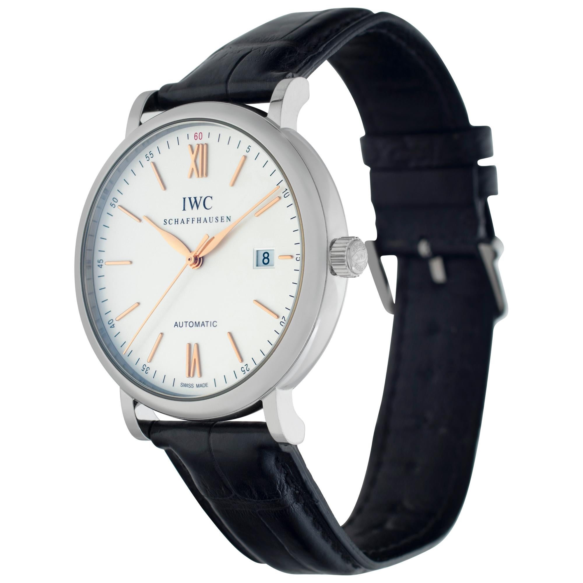 IWC Portofino in stainless steel on black alligator leather strap with original IWC black croco strap and steel tang buckle. Auto with date and sweep seconds. 40 mm case size. Ref IW356517. Circa 2010s. Fine Pre-owned IWC Watch. Certified preowned