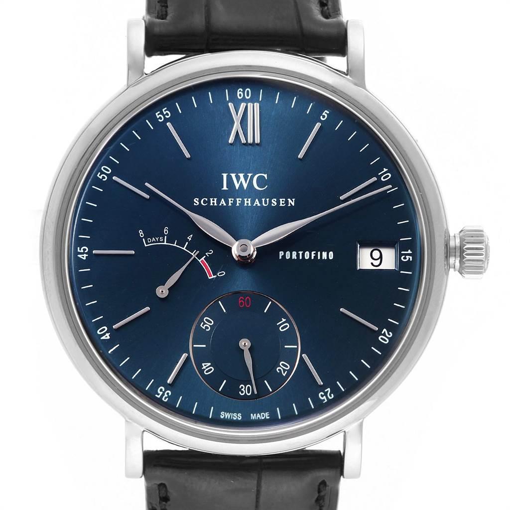 IWC Portofino 8 Days Power Reserve 45mm Blue Dial Mens Watch IW510106. Manual-winding movement. Stainless steel case 45 mm in diameter. Exhibition sapphire crystal case back. Fixed stainless steel bezel. Scratch resistant sapphire crystal. Blue dial