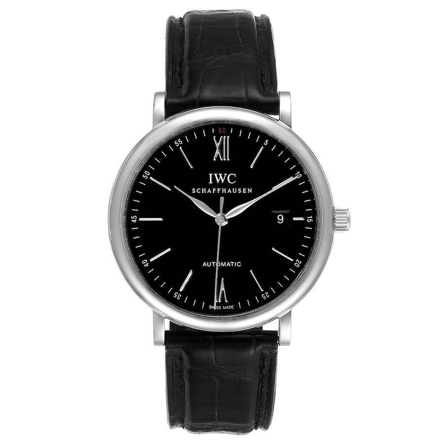 IWC Portofino Black Dial Automatic Steel Mens Watch IW356502. Automatic self-winding movement. Stainless steel case 40 mm in diameter. Stainless steel bezel. Scratch resistant sapphire crystal. Black dial with steel baton hour markers and roman