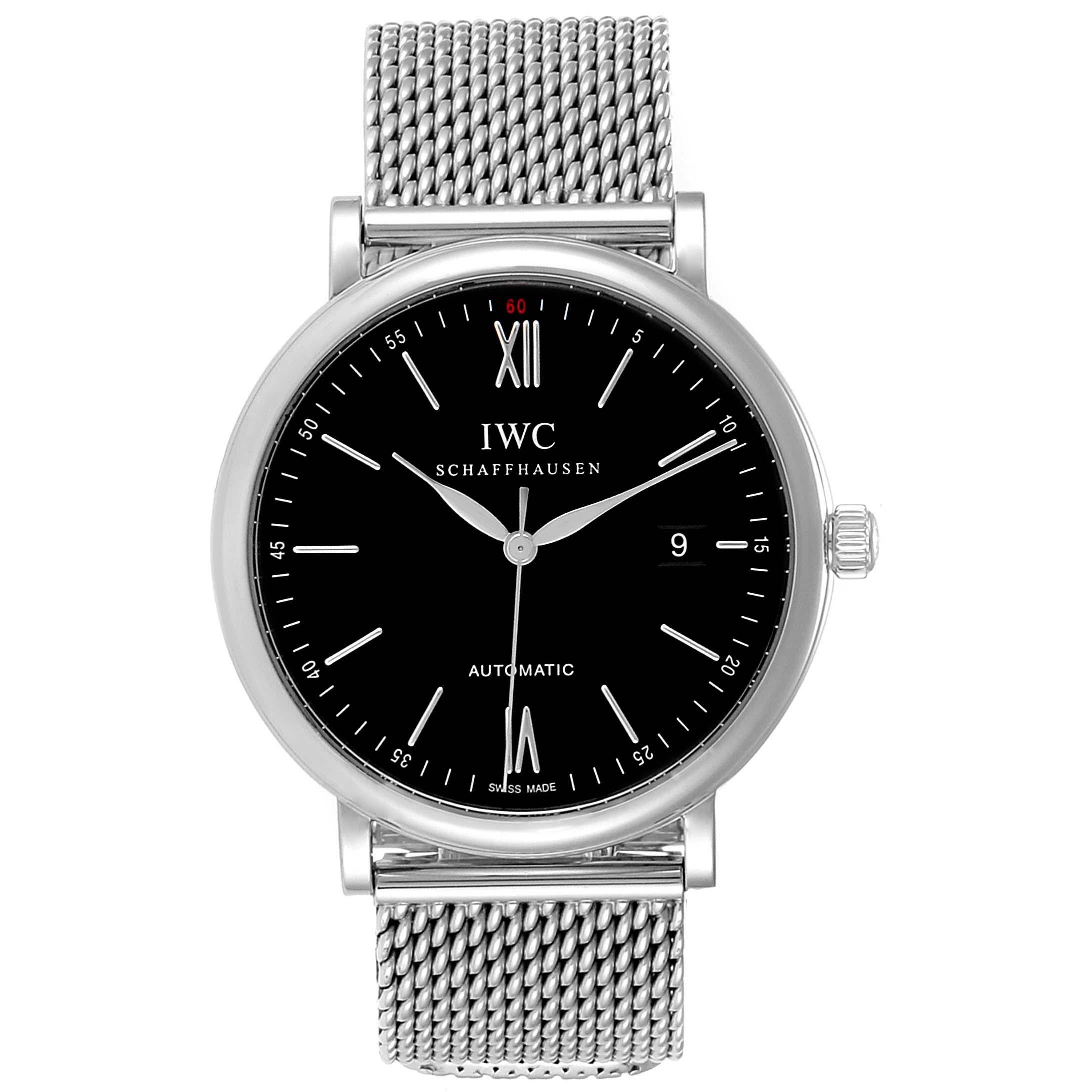 IWC Portofino Black Dial Mesh Bracelet Steel Mens Watch IW356506. Automatic self-winding movement. Stainless steel case 40 mm in diameter. Stainless steel bezel. Scratch resistant sapphire crystal. Black dial with steel baton hour markers and roman