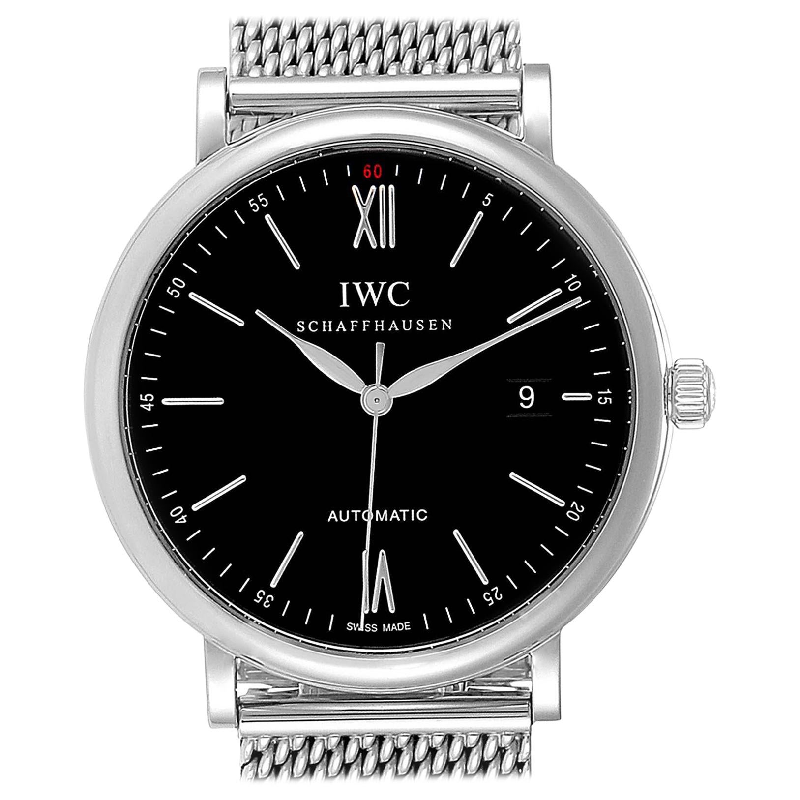 IWC Portofino Black Dial Mesh Bracelet Steel Men's Watch IW356506