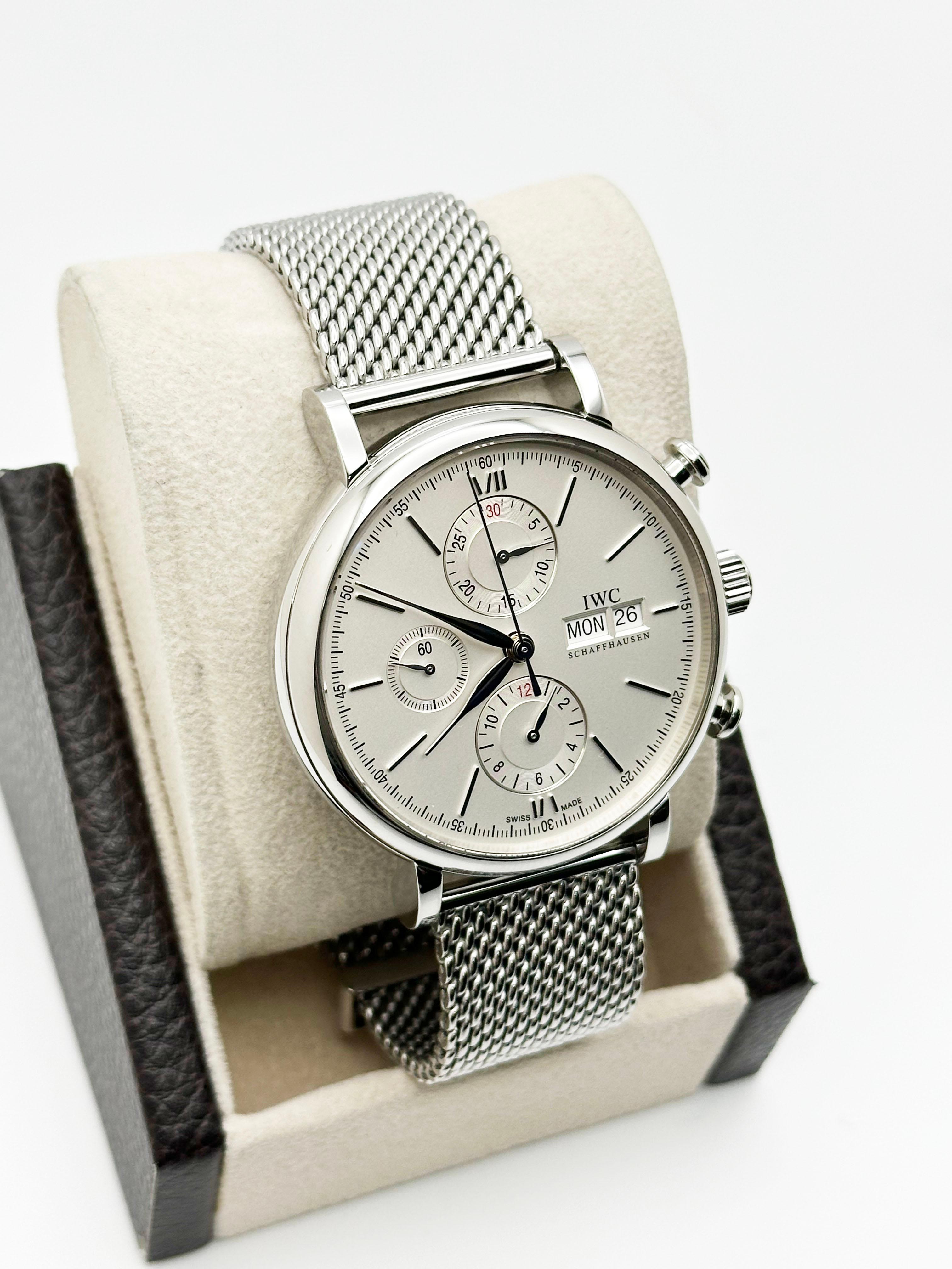 IWC Portofino Chronograph IW391009 Day Date White Dial Stainless Steel Paper In Excellent Condition For Sale In San Diego, CA