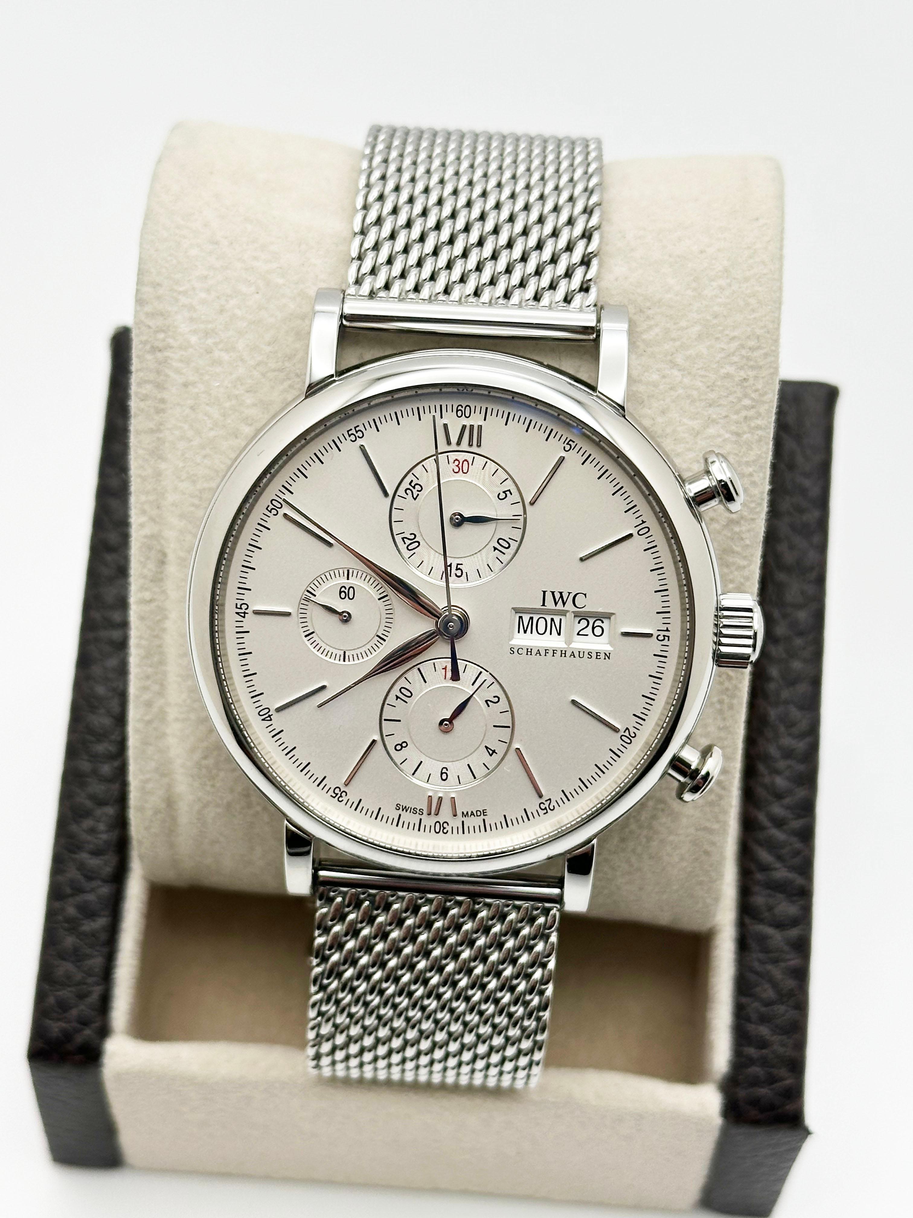 Men's IWC Portofino Chronograph IW391009 Day Date White Dial Stainless Steel Paper For Sale