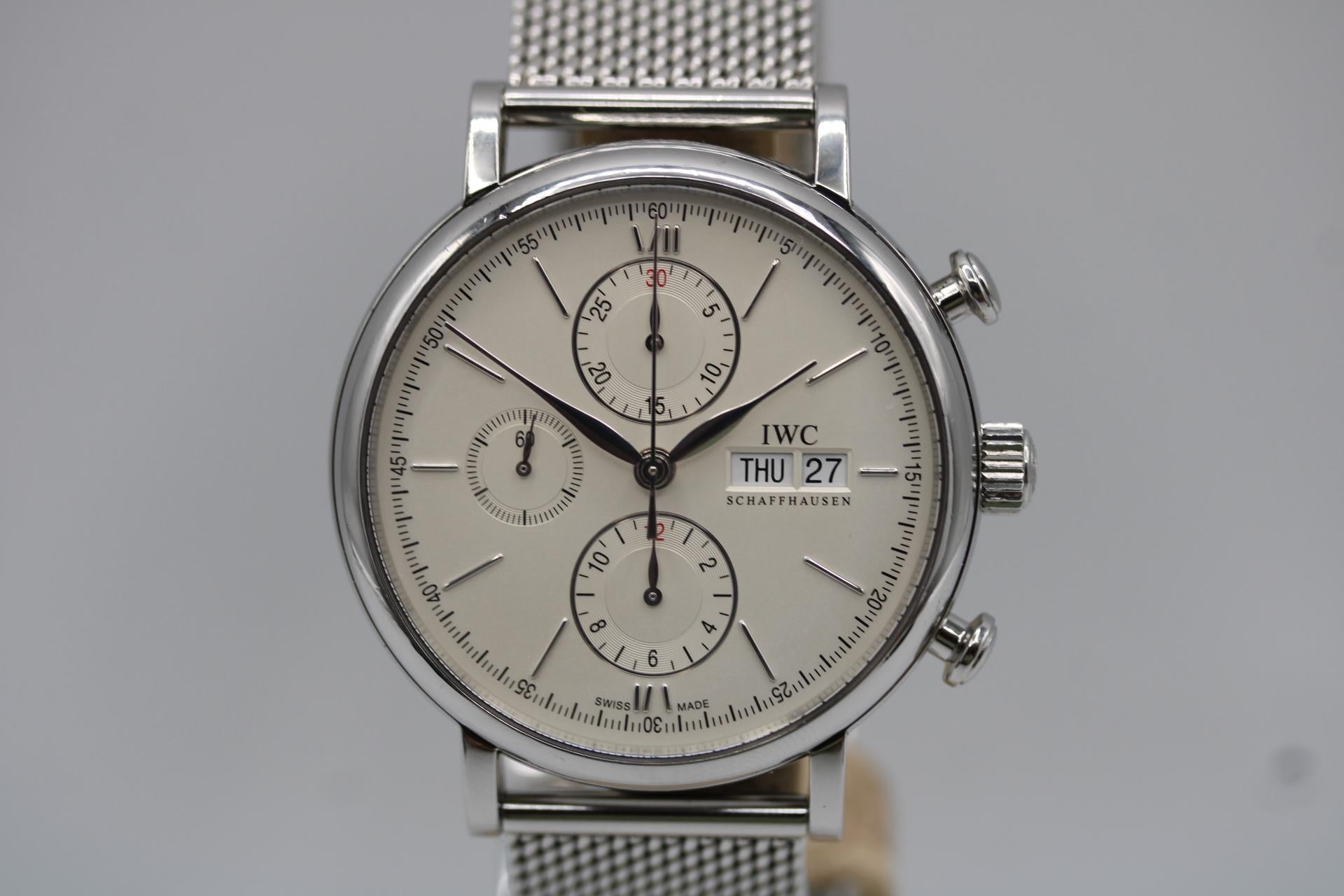 IWC Portofino Chronograph IW391011  42mm Steel  2012  Box & Papers  Exceptional Condition

This IWC Portofino Chronograph IW391011 is a rare and refined timepiece, blending classic elegance with modern chronograph functionality. Considering its over