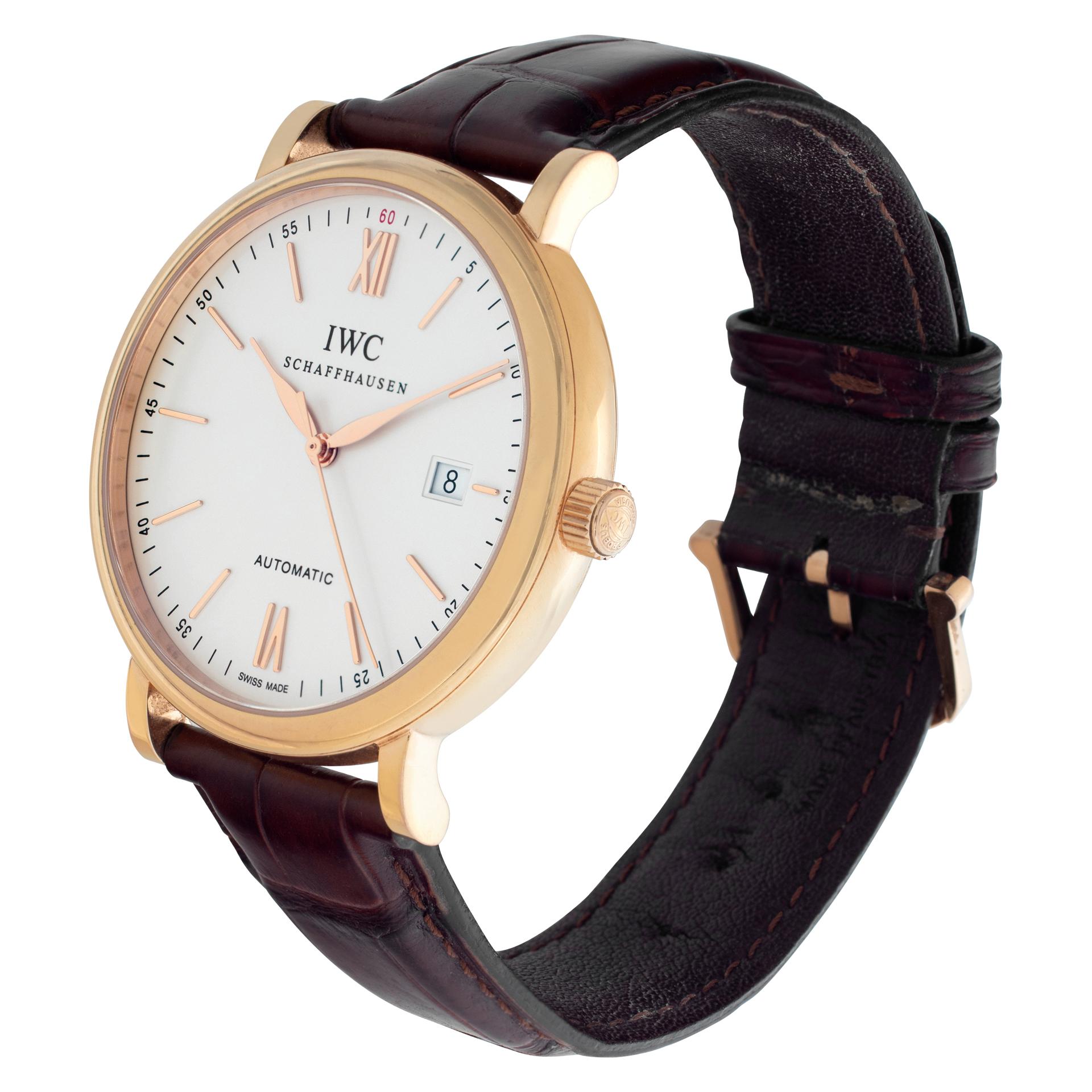 IWC Portofino 18k rose gold on brown alligator strap with 18k rose gold tang buckle. Auto w/ sweep seconds and date. 40 mm case size. With box and papers. Ref iw356504. Circa 2016 Fine Pre-owned IWC Watch. Certified preowned Dress IWC Portofino