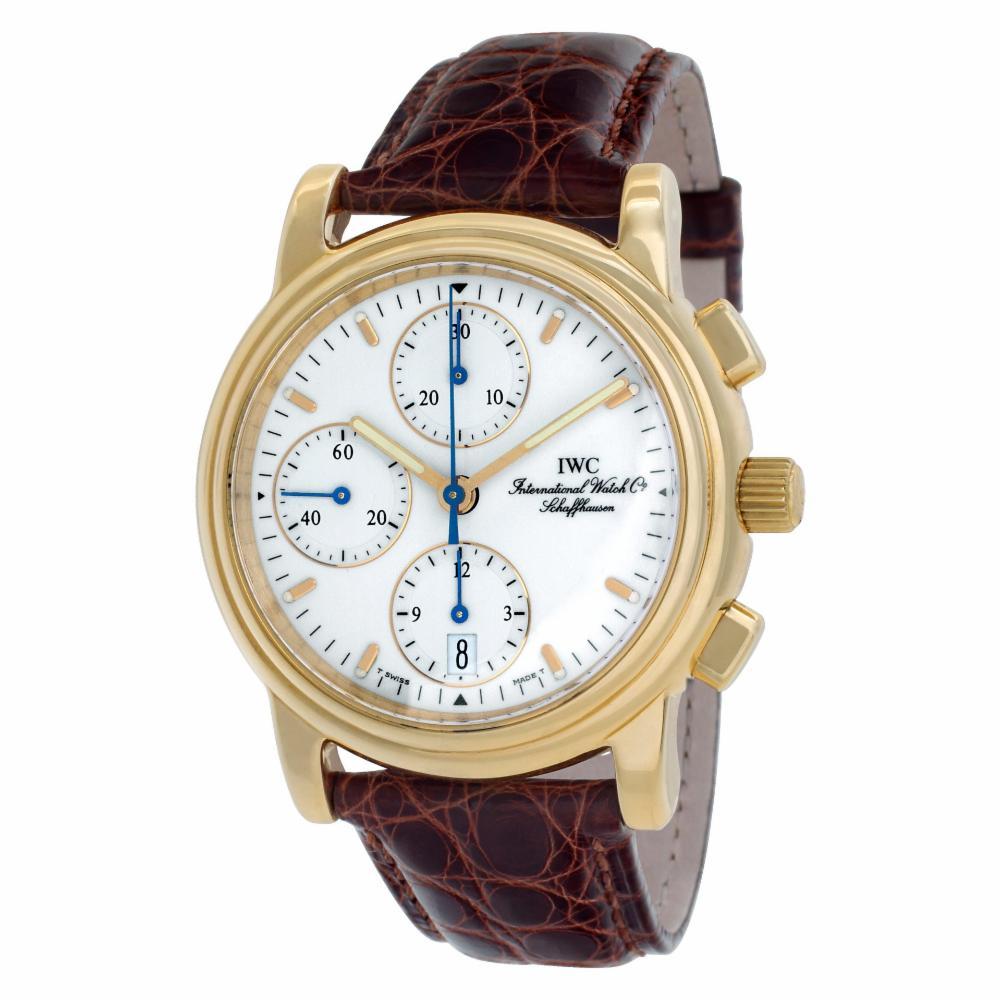 IWC Portofino in 18k gold on a brown crocodile strap. Auto w/ subseconds, date and chronograph. Ref iw3703. 39mm case size. Circa: 1990s Fine Pre-owned IWC Watch. Certified preowned Classic IWC Portofino iw3703 watch is made out of yellow gold on a