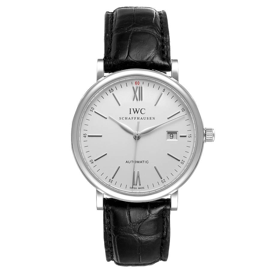IWC Portofino Silver Dial Automatic Steel Mens Watch IW356501. Automatic self-winding movement. Stainless steel case 40 mm in diameter. Stainless steel bezel. Scratch resistant sapphire crystal. Silver dial with steel baton hour markers and roman