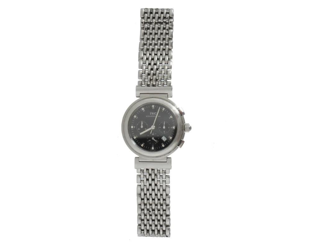 A vintage stainless steel automatic chronograph wristwatch by International Watch Company. Portugieser collection, ref. no. 3714. Round case, brushed bezel with three crowns. Black enamel dial with square and stick indexes, three sub-dials, date
