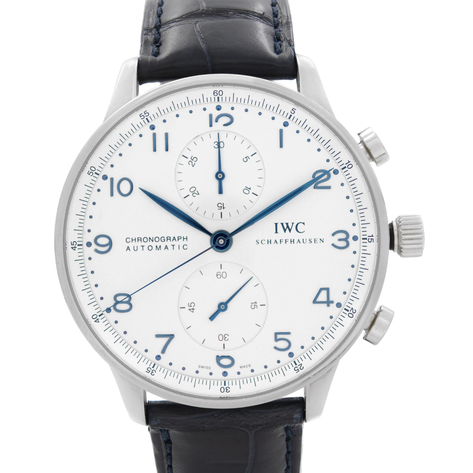 Pre Owned IWC Portugieser 41mm Steel Chronograph Silver Dial Automatic Men Watch IW371605. This Beautiful Timepiece is Powered by Mechanical (Automatic) Movement And Features: Round Stainless Steel Case with a Blue Alligator Leather Strap, Fixed