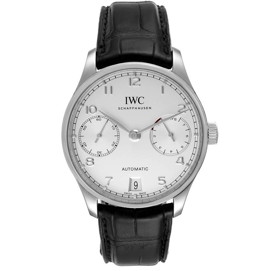 IWC Portugieser 7 Day Steel Silver Dial Mens Watch IW500712 Box Card. Automatic self-winding chronograph movement. Stainless steel case 42.3 mm in diameter. Exhibition sapphire crystal caseback. Stainless steel bezel. Scratch resistant sapphire