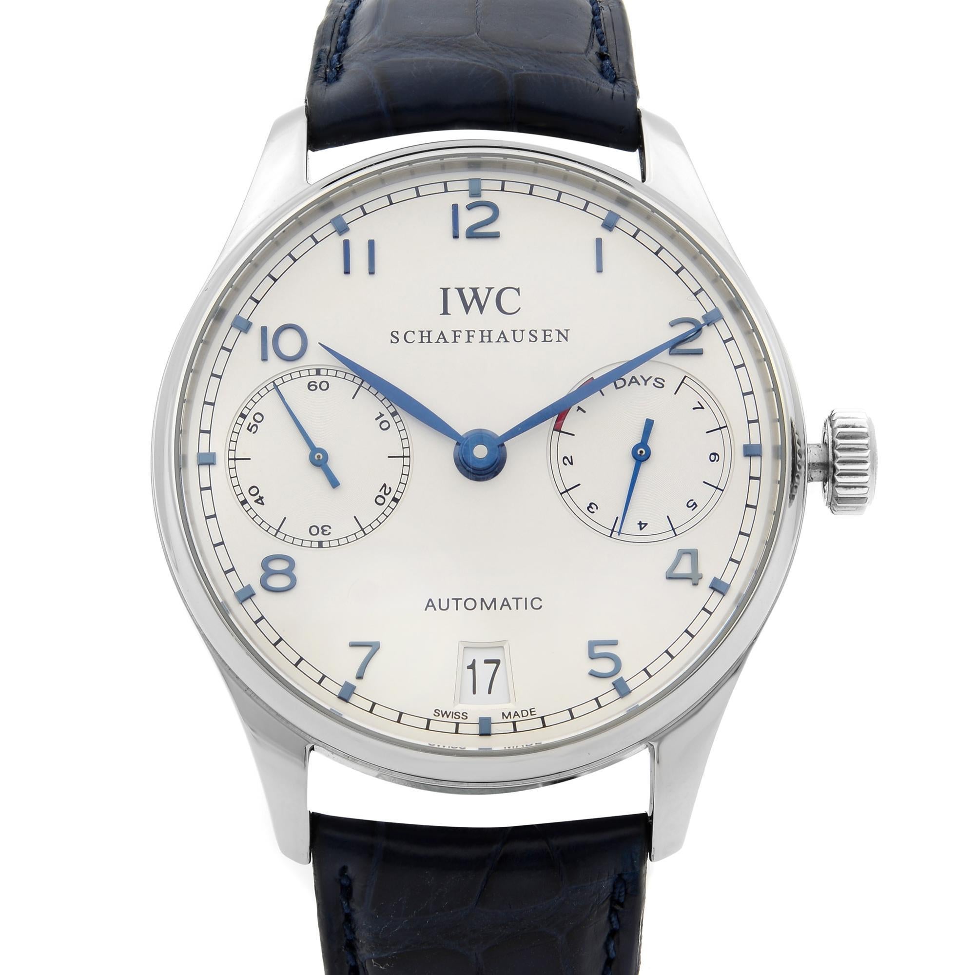Pre-Owned IWC Portuguieser 7 Days 42mm Stainless Steel Silver Dial Automatic Men's Watch IW500107. Minor Wear on the Leather Strap Under Closer Inspection. This Beautiful Timepiece is Powered by a Mechanical (Automatic) Movement and Features: