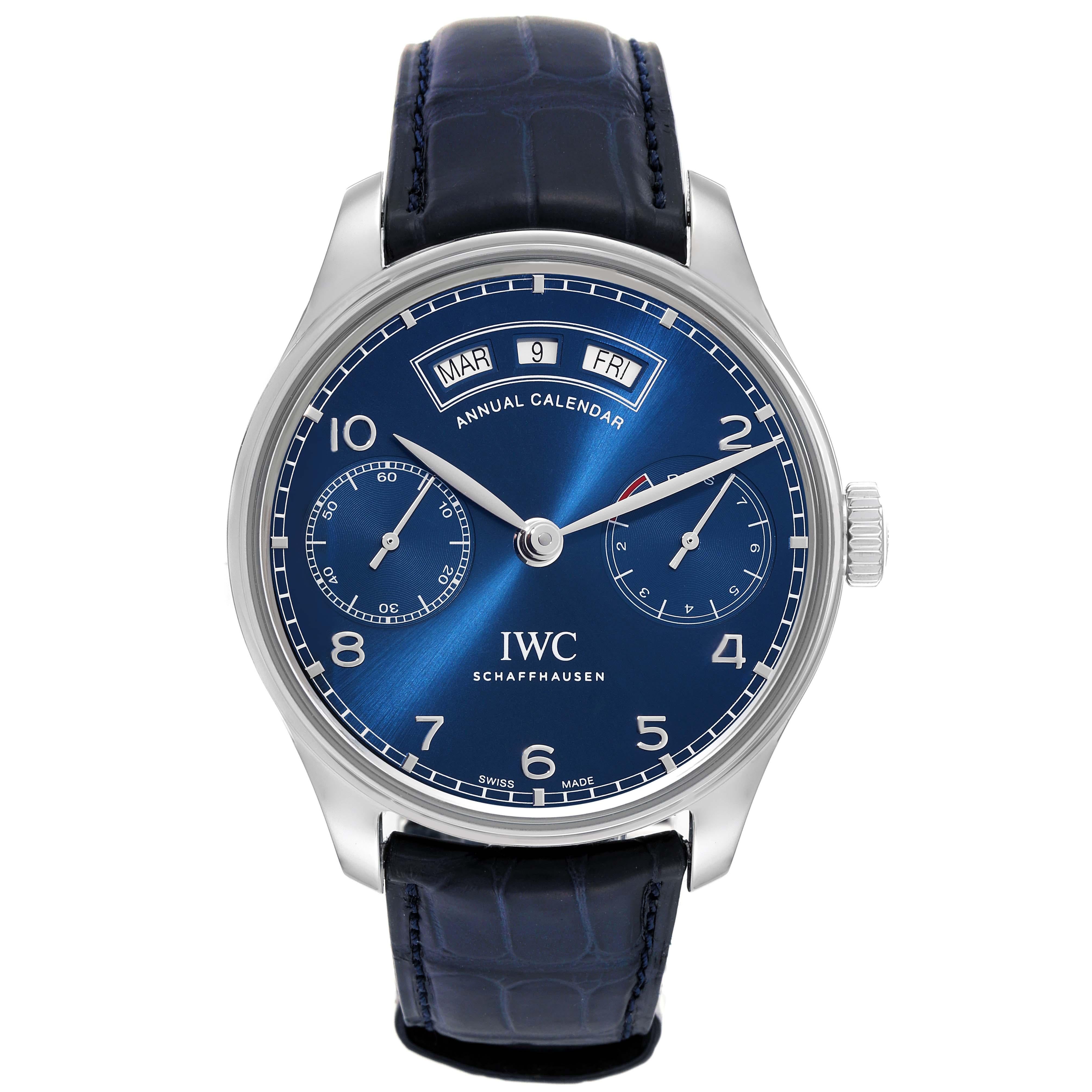 IWC Portugieser Annual Calendar Blue Dial Steel Mens Watch IW503502 Box Card. Automatic self-winding movement. Stainless steel case 44.2 mm in diameter. Transparent exhibition sapphire crystal caseback. . Scratch resistant sapphire crystal with