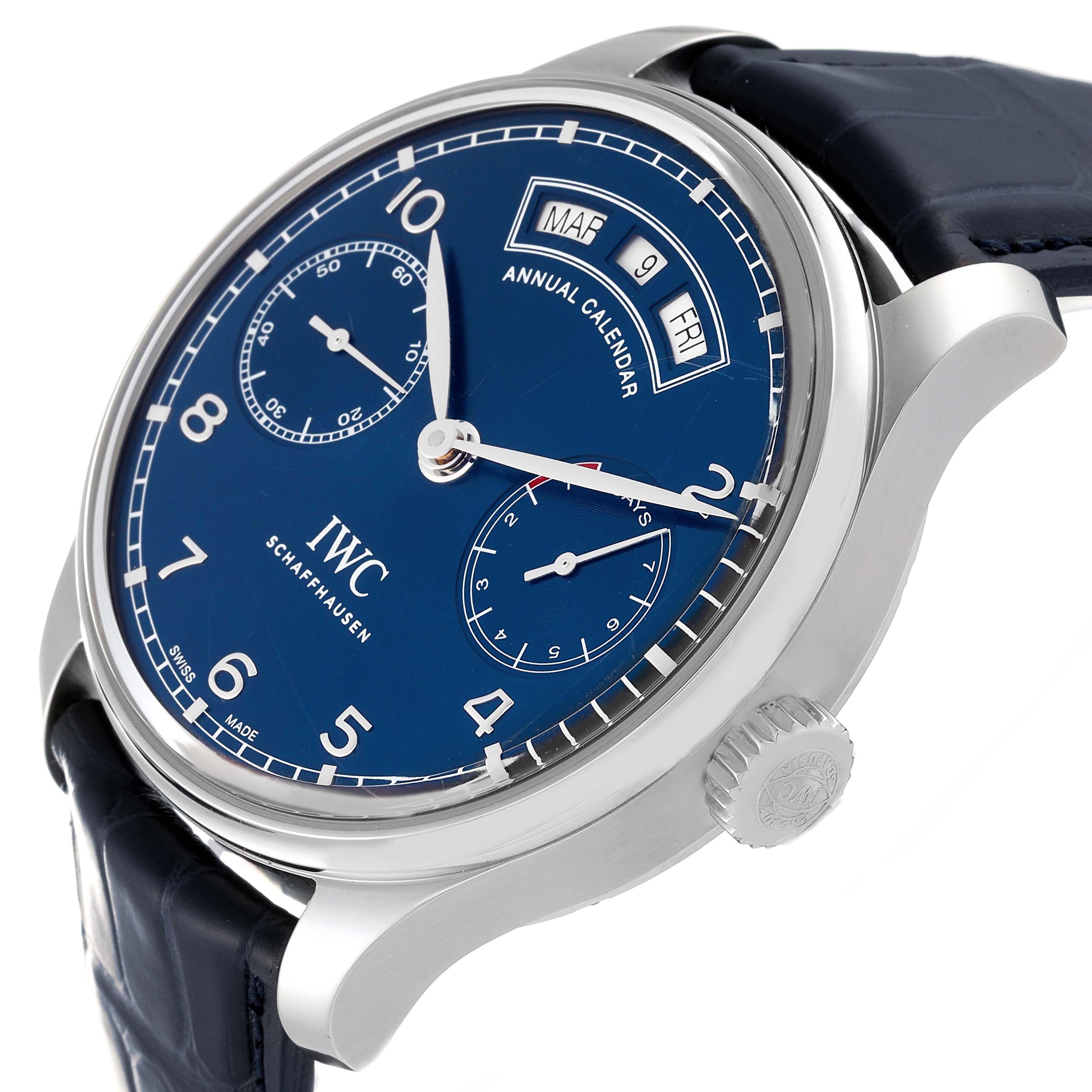IWC Portugieser Annual Calendar Blue Dial Steel Mens Watch IW503502 Box Card In Excellent Condition In Atlanta, GA