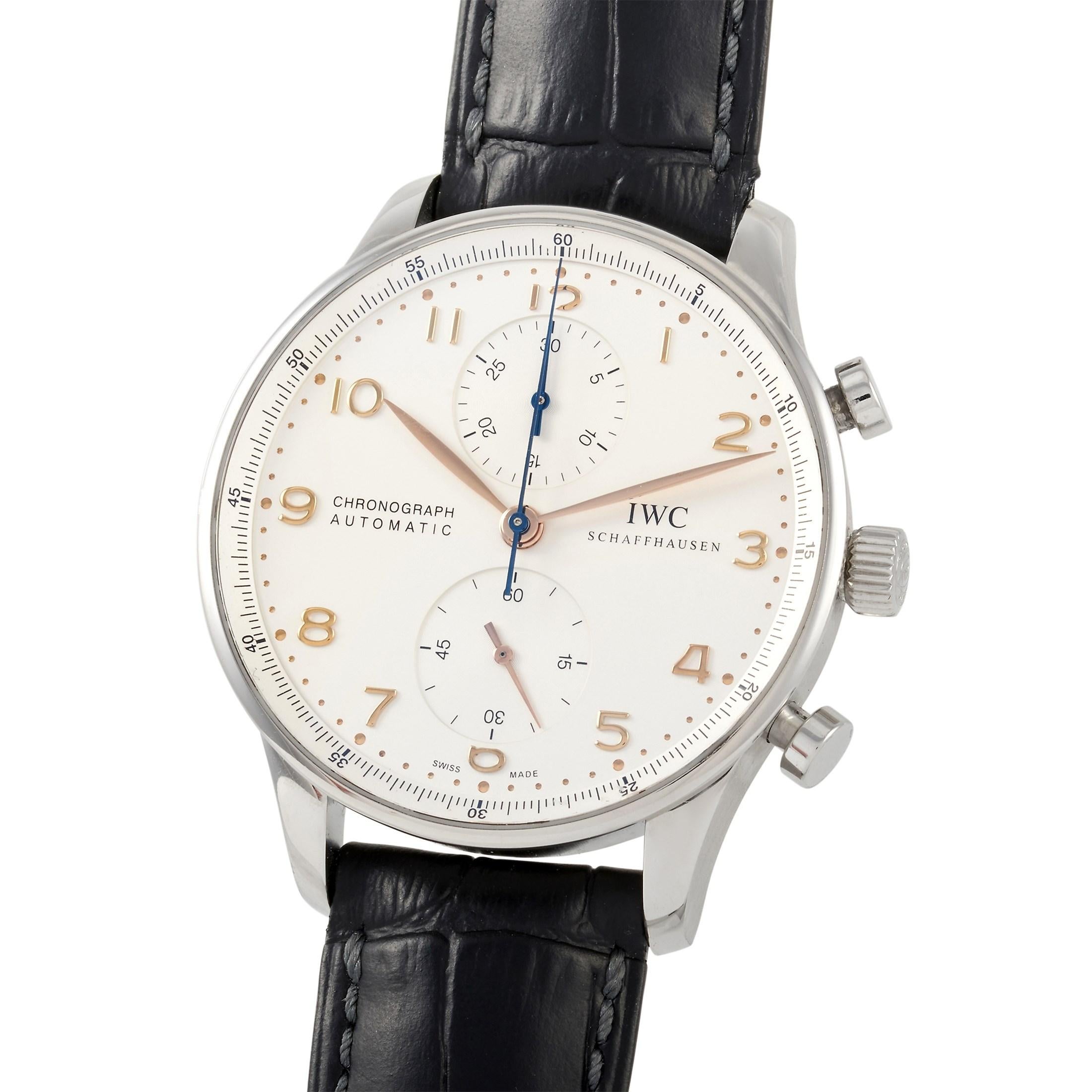 This IWC Portugieser Automatic Stainless Steel and Leather 40.9 mm Watch, reference number 371445, features a stainless steel case measuring 40.9 mm in diameter. It is presented on a sleek black alligator leather strap with tang clasp. The white