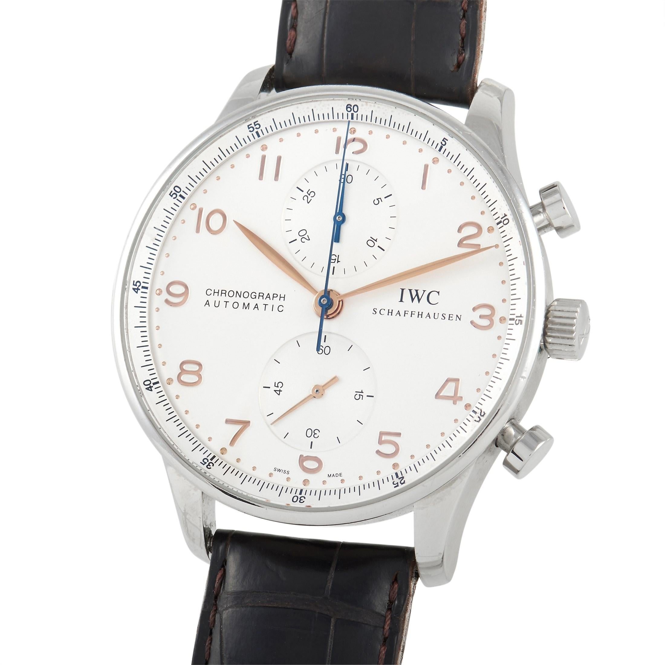 The IWC Portugieser Chronograph Watch, reference number IW3716-04, is a sophisticated timepiece that will successfully withstand the test of time. 

On this minimalist design, you’ll find a 41mm case crafted from Stainless Steel paired with a black