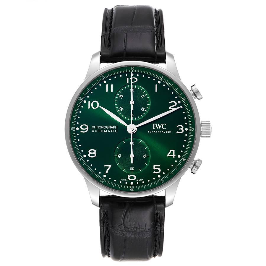 IWC Portugieser Chronograph Green Dial Steel Mens Watch IW371615 Box Card. Automatic self-winding movement. Stainless steel case 41 mm in diameter. Transparent exhibition sapphire crystal case back. . Scratch resistant sapphire crystal. Green dial