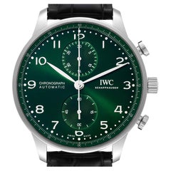 IWC Portugieser Chronograph Green Dial Steel Mens Watch IW371615 Box Card