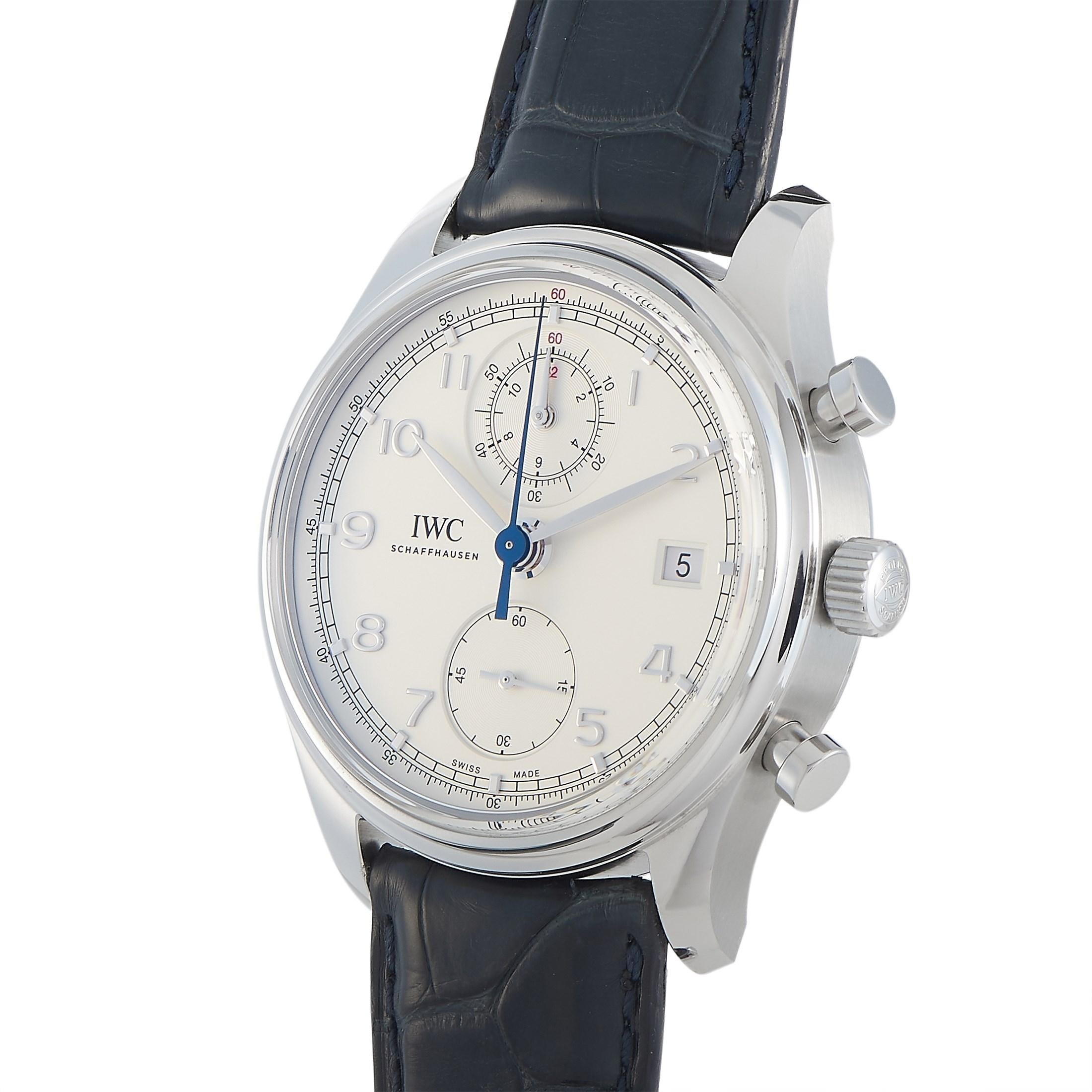 A dress watch with a sportier twist, the IWC Portugieser Chronograph Men's Watch 390403 hits all the details as expected. This is a beautiful watch with a stainless steel case, a scratch-resistant arched-edge sapphire glass, see-through sapphire