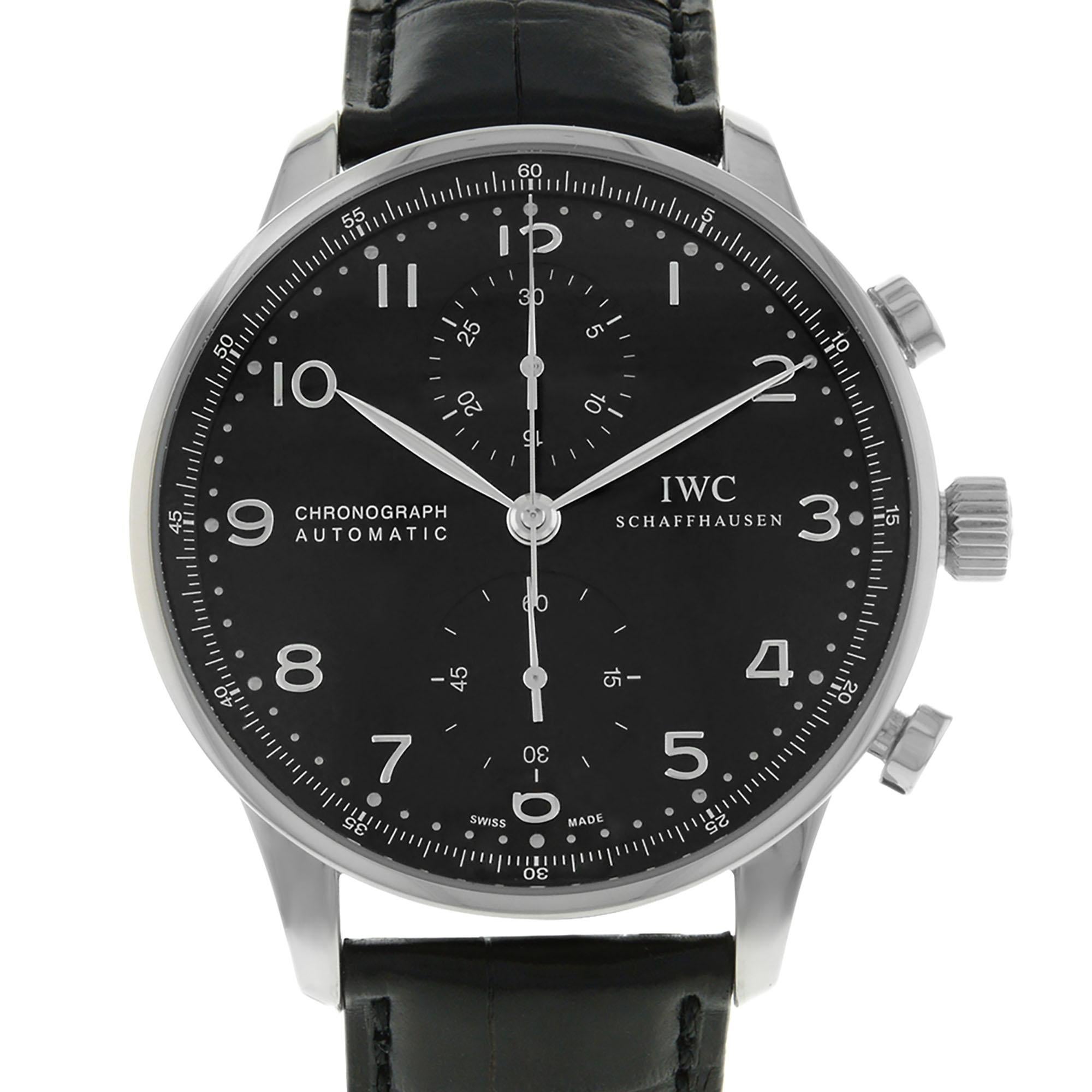 This pre-owned IWC Portugieser IW371447 is a beautiful men's timepiece that is powered by mechanical (automatic) movement which is cased in a stainless steel case. It has a round shape face, chronograph, small seconds subdial dial and has arabic